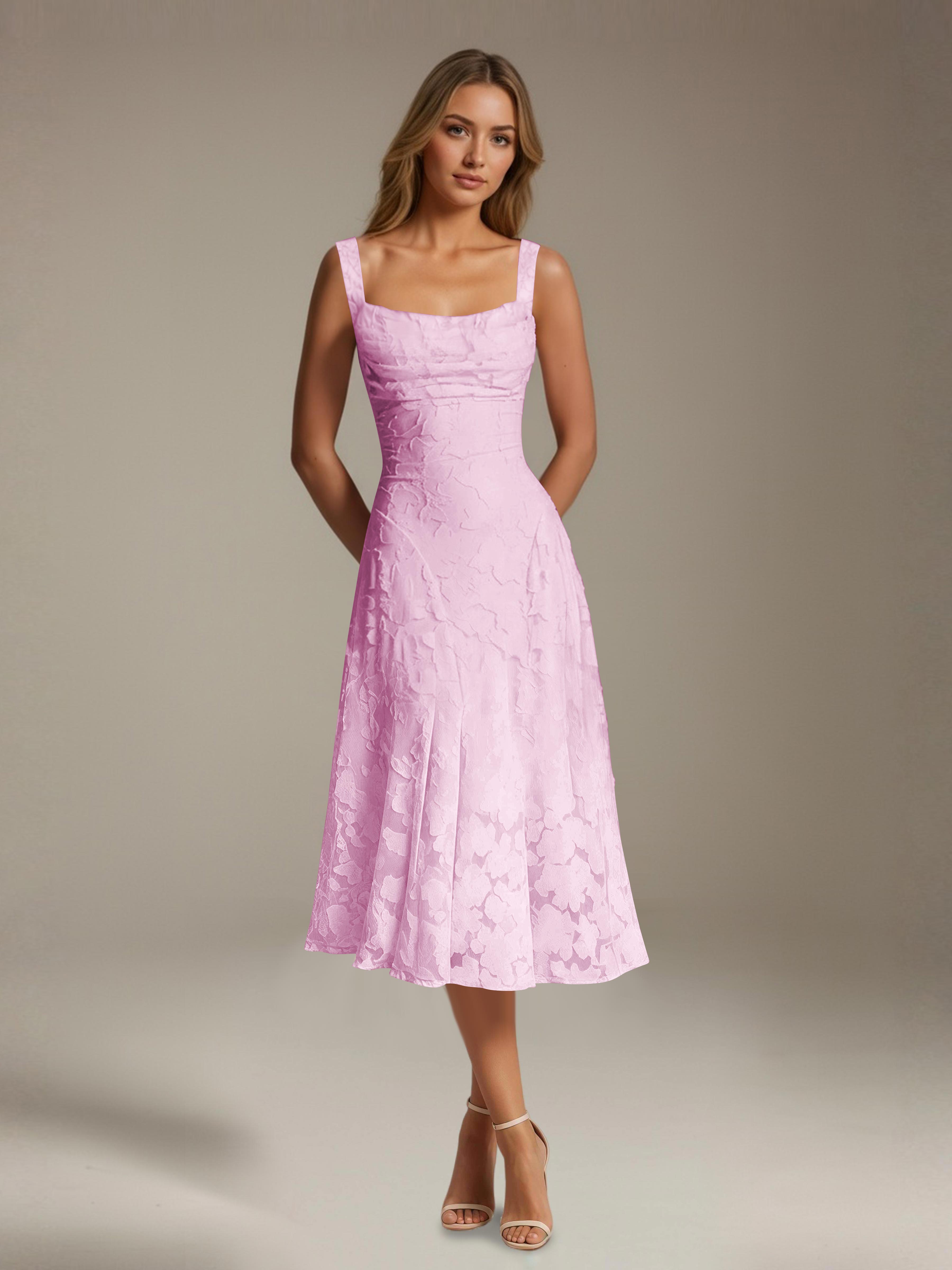 Floral Tea-Length Lace Dress – A-Line Square Neck Sleeveless Formal Wedding Guest Dress