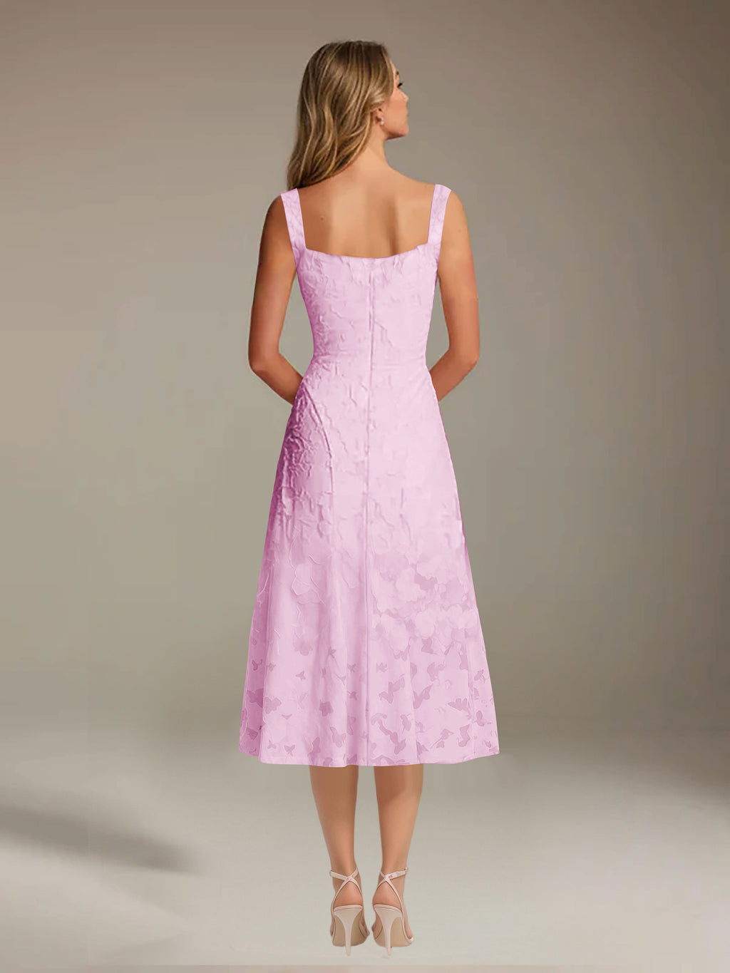 Floral Tea-Length Lace Dress – A-Line Square Neck Sleeveless Formal Wedding Guest Dress
