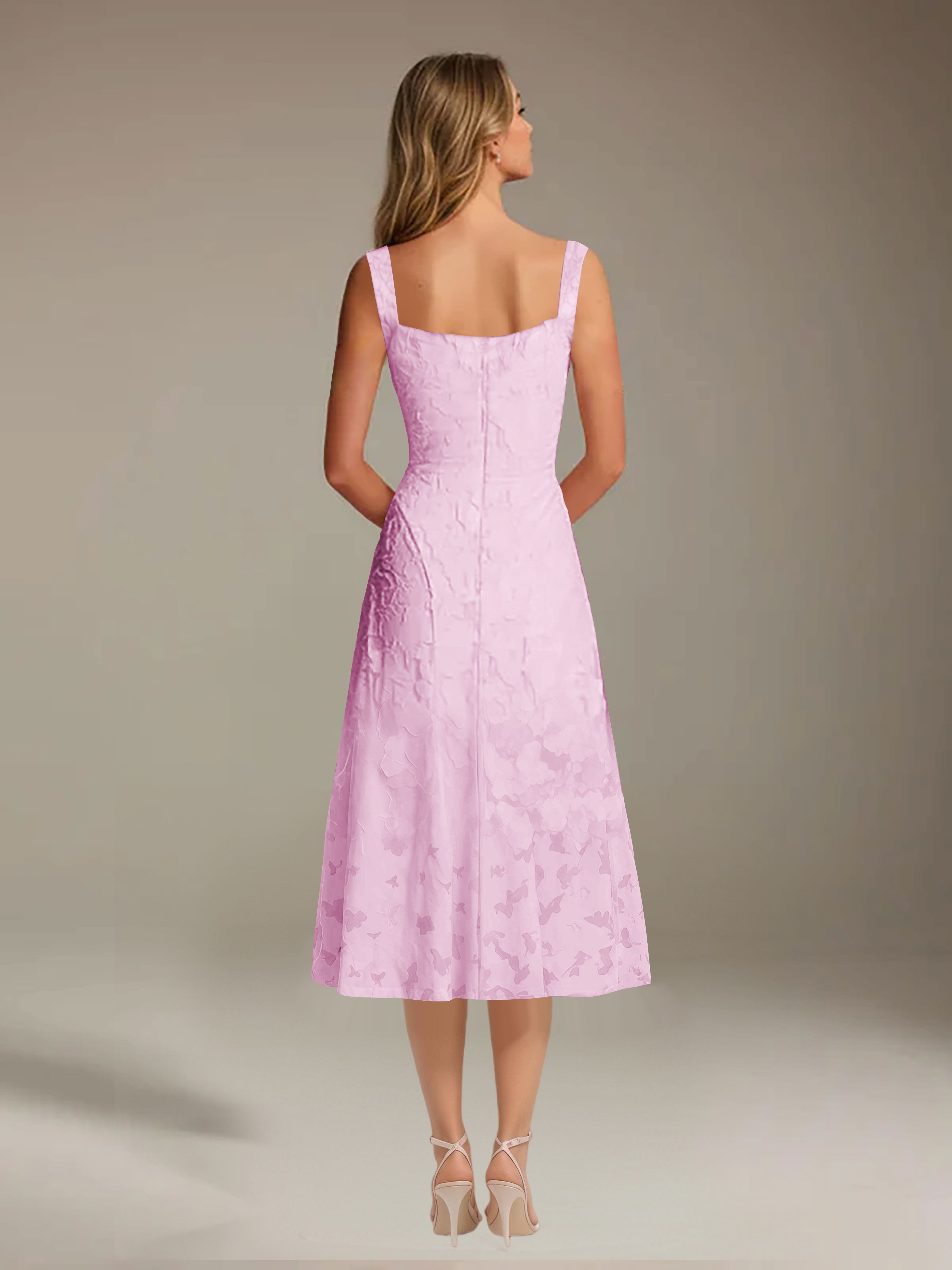 Floral Tea-Length Lace Dress – A-Line Square Neck Sleeveless Formal Wedding Guest Dress