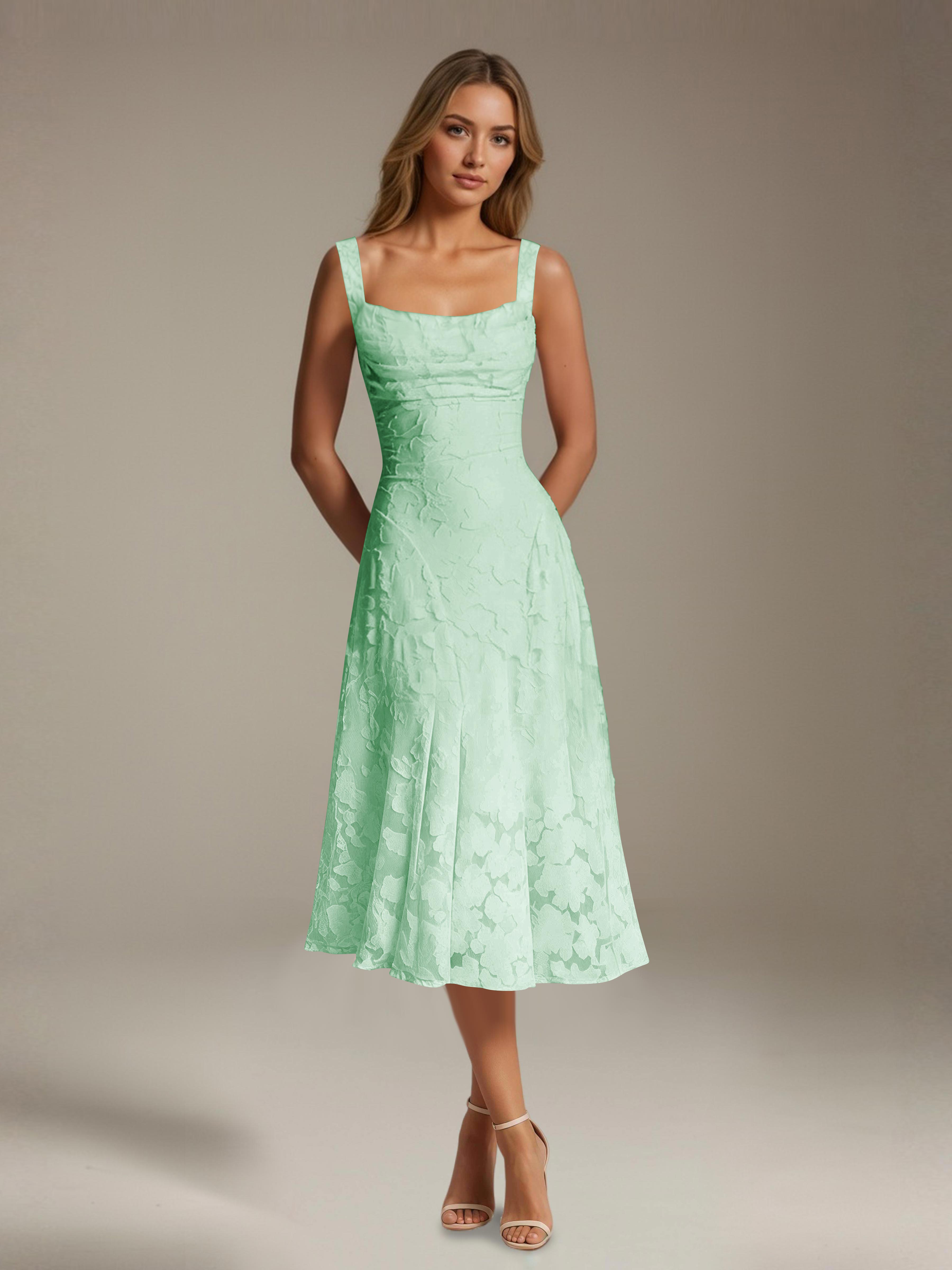 Floral Tea-Length Lace Dress – A-Line Square Neck Sleeveless Formal Wedding Guest Dress