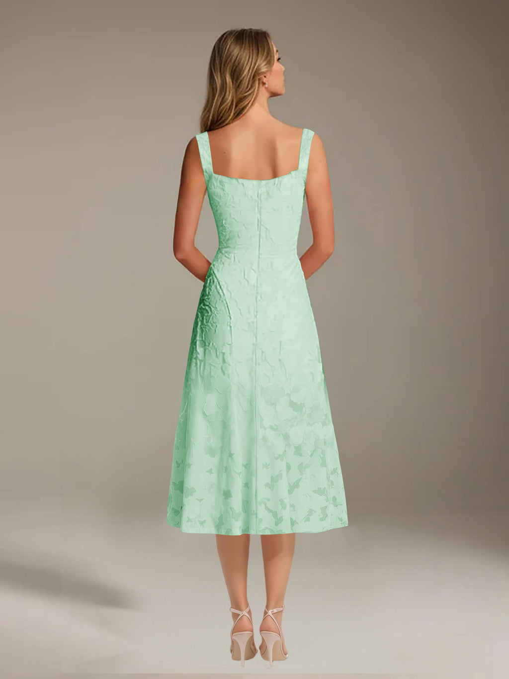 Floral Tea-Length Lace Dress – A-Line Square Neck Sleeveless Formal Wedding Guest Dress
