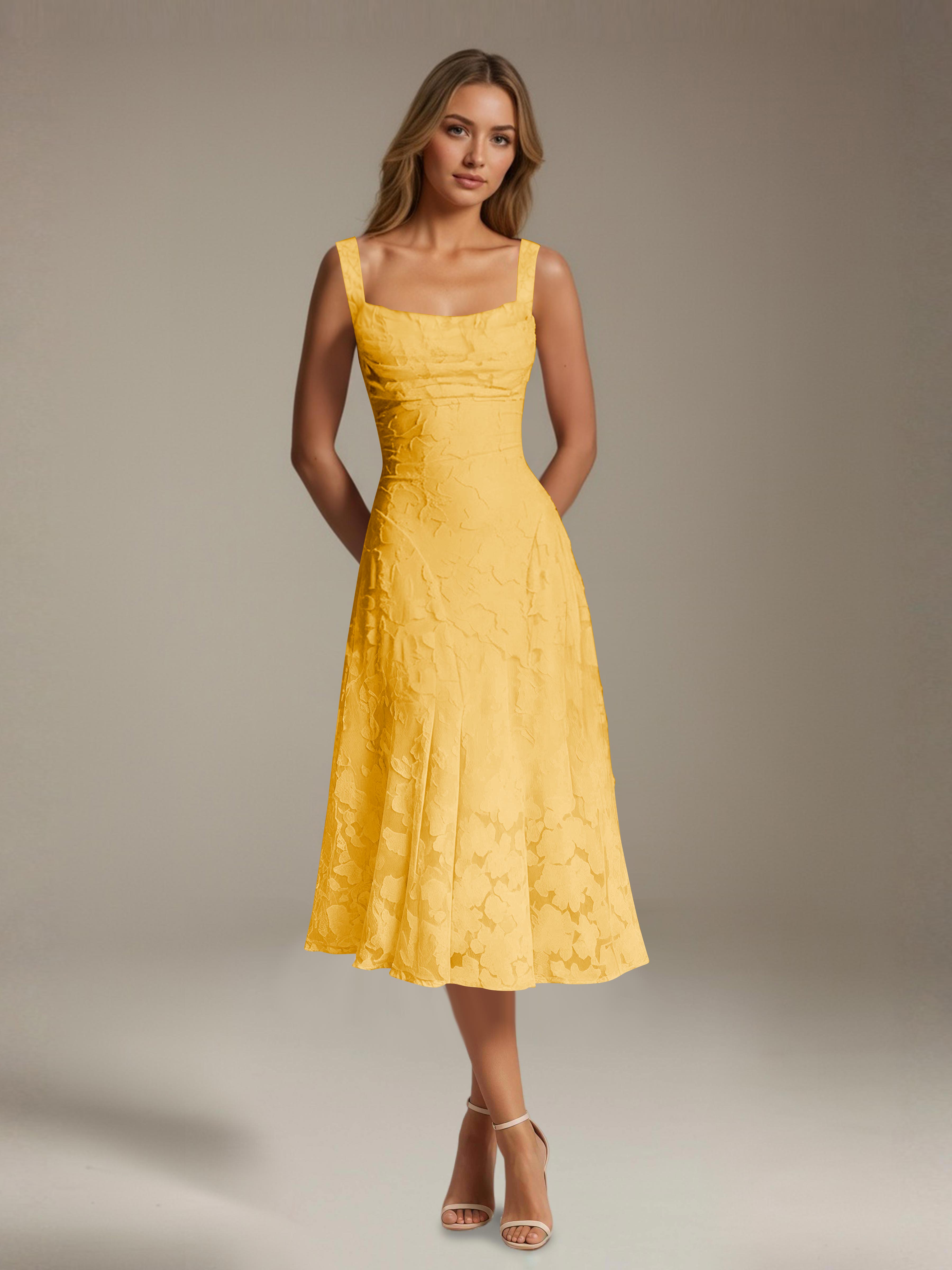 Floral Tea-Length Lace Dress – A-Line Square Neck Sleeveless Formal Wedding Guest Dress