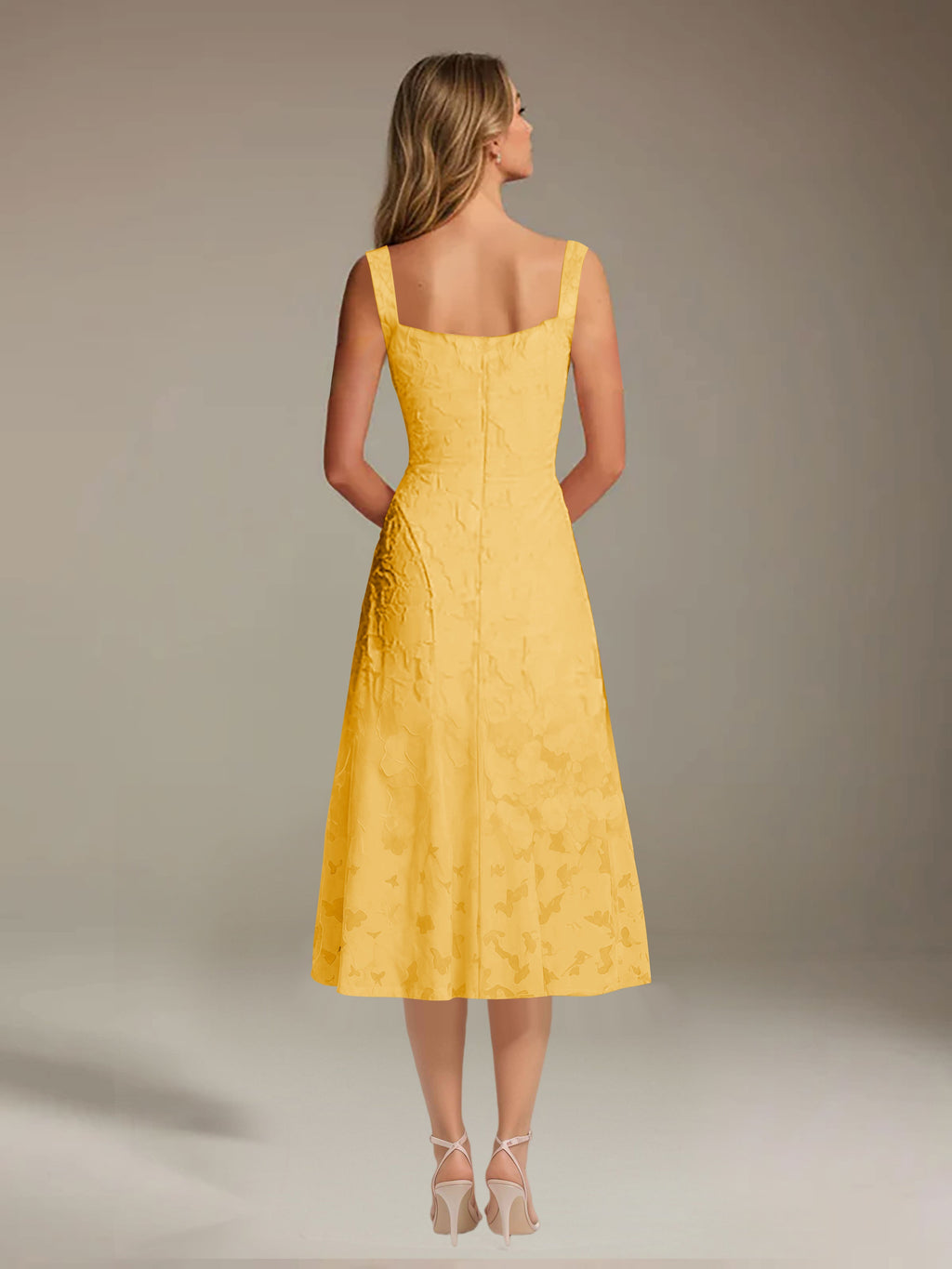 Floral Tea-Length Lace Dress – A-Line Square Neck Sleeveless Formal Wedding Guest Dress