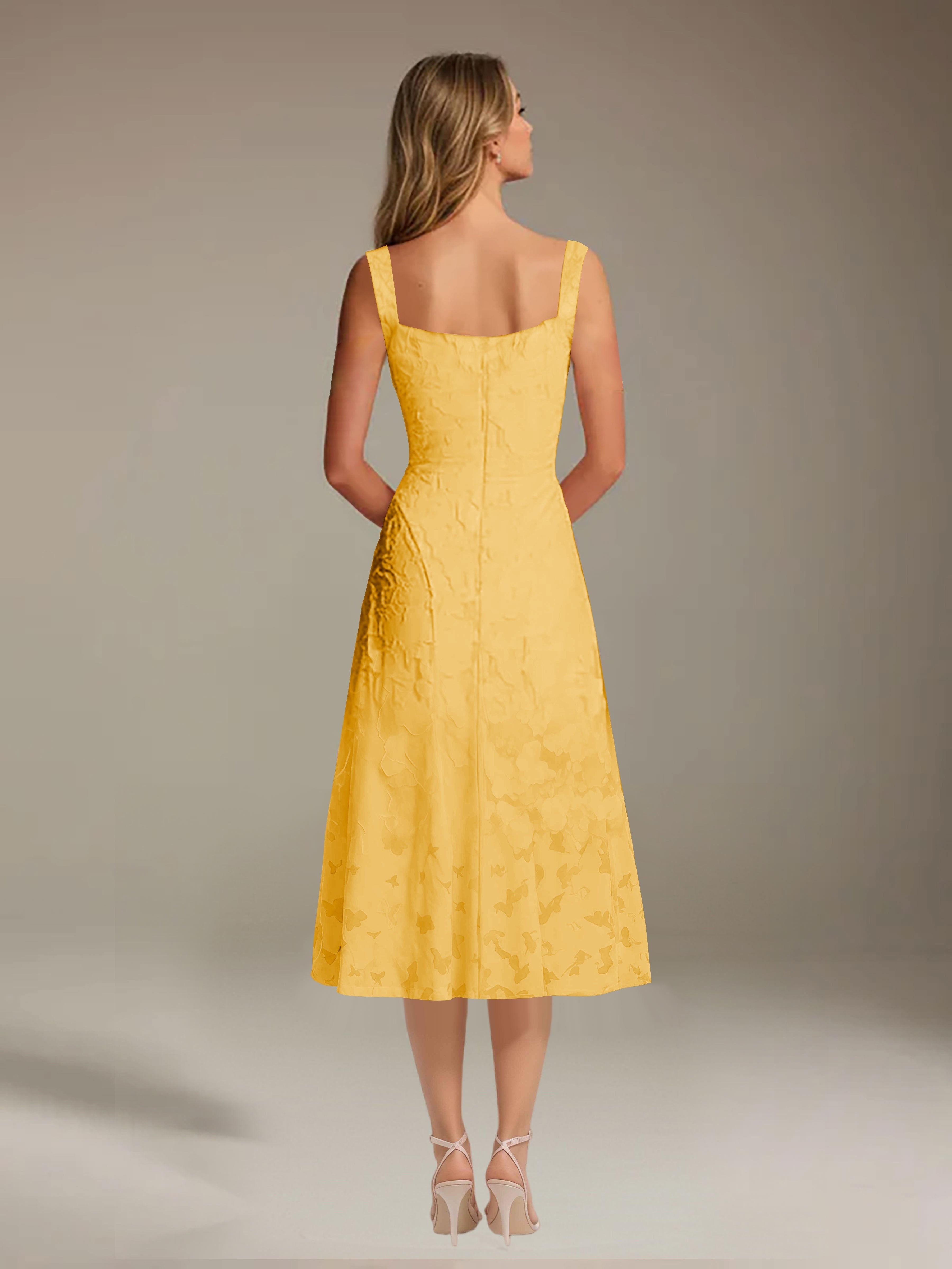 Floral Tea-Length Lace Dress – A-Line Square Neck Sleeveless Formal Wedding Guest Dress