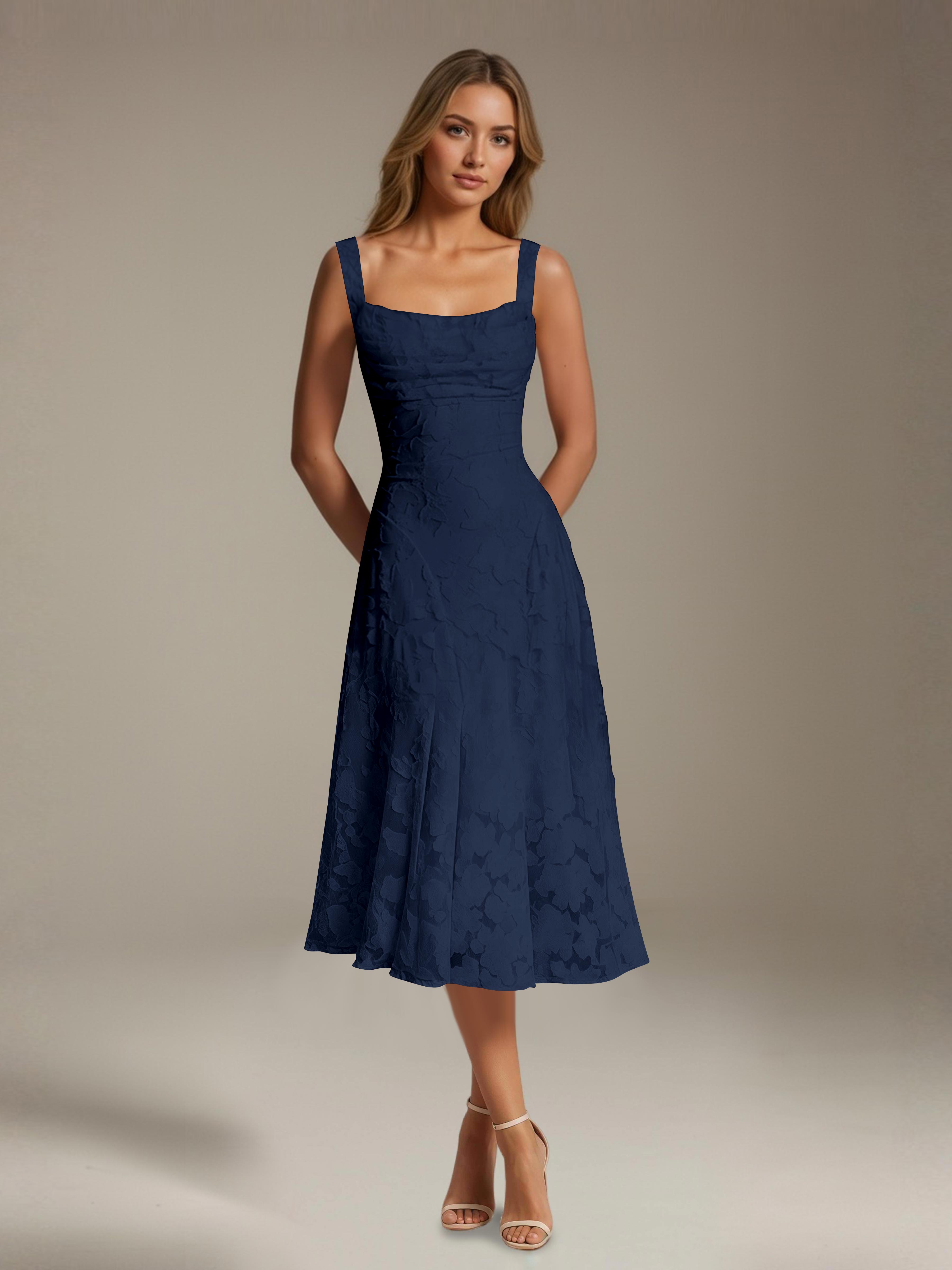 Floral Tea-Length Lace Dress – A-Line Square Neck Sleeveless Formal Wedding Guest Dress