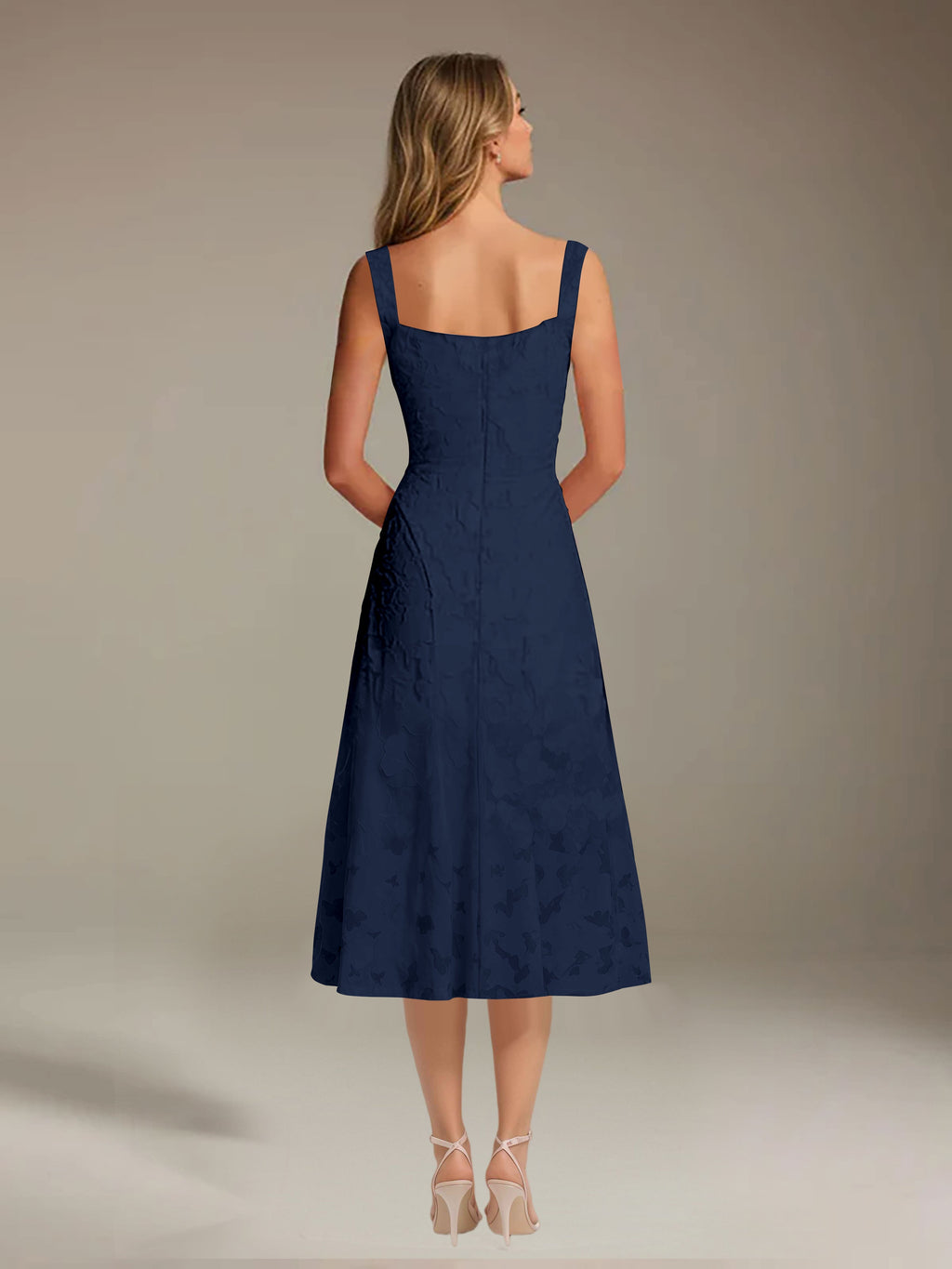 Floral Tea-Length Lace Dress – A-Line Square Neck Sleeveless Formal Wedding Guest Dress