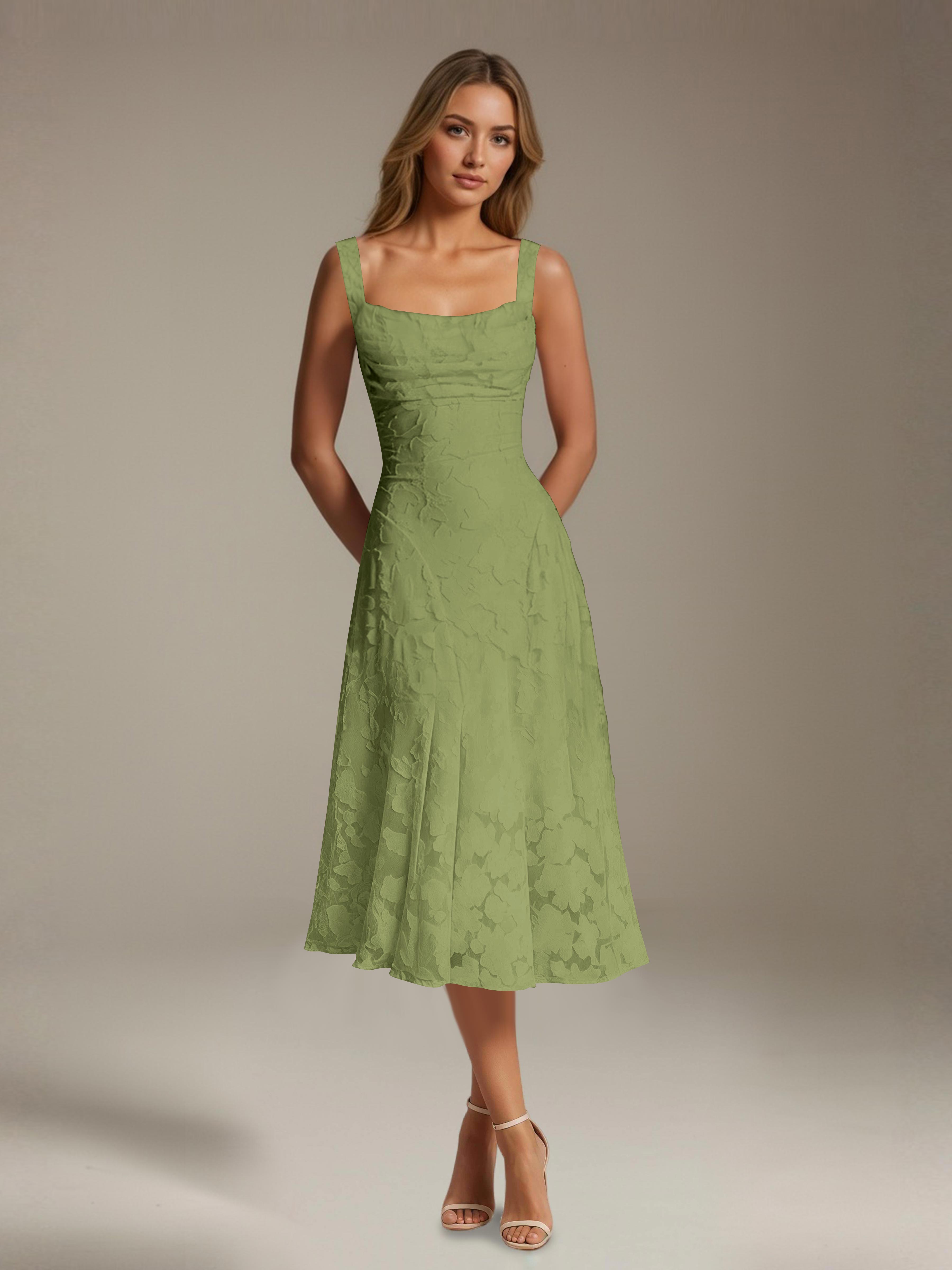 Floral Tea-Length Lace Dress – A-Line Square Neck Sleeveless Formal Wedding Guest Dress