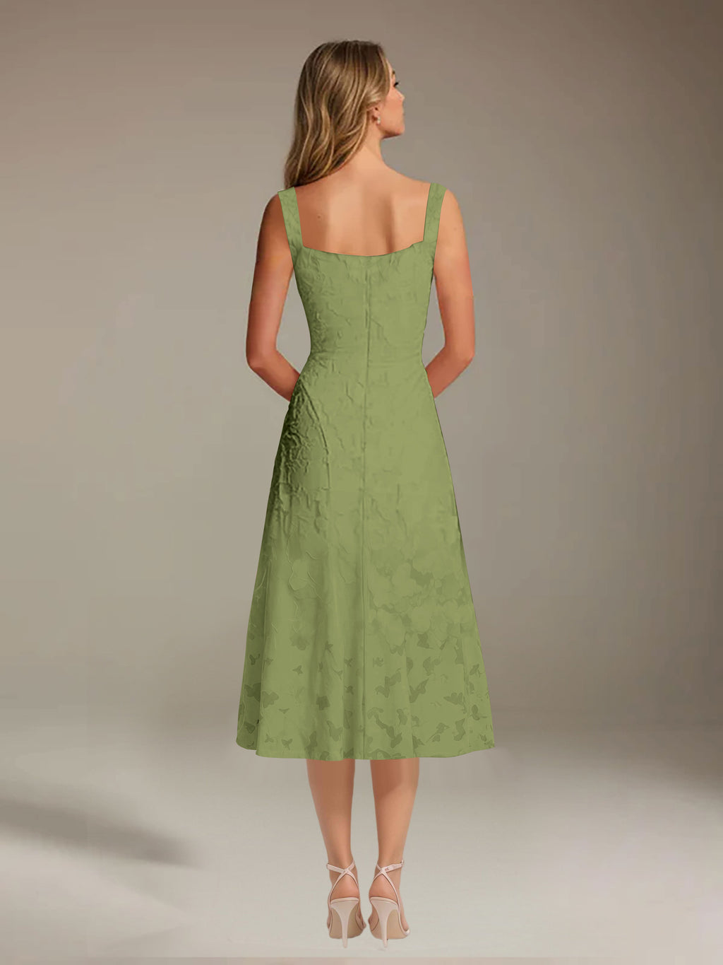 Floral Tea-Length Lace Dress – A-Line Square Neck Sleeveless Formal Wedding Guest Dress