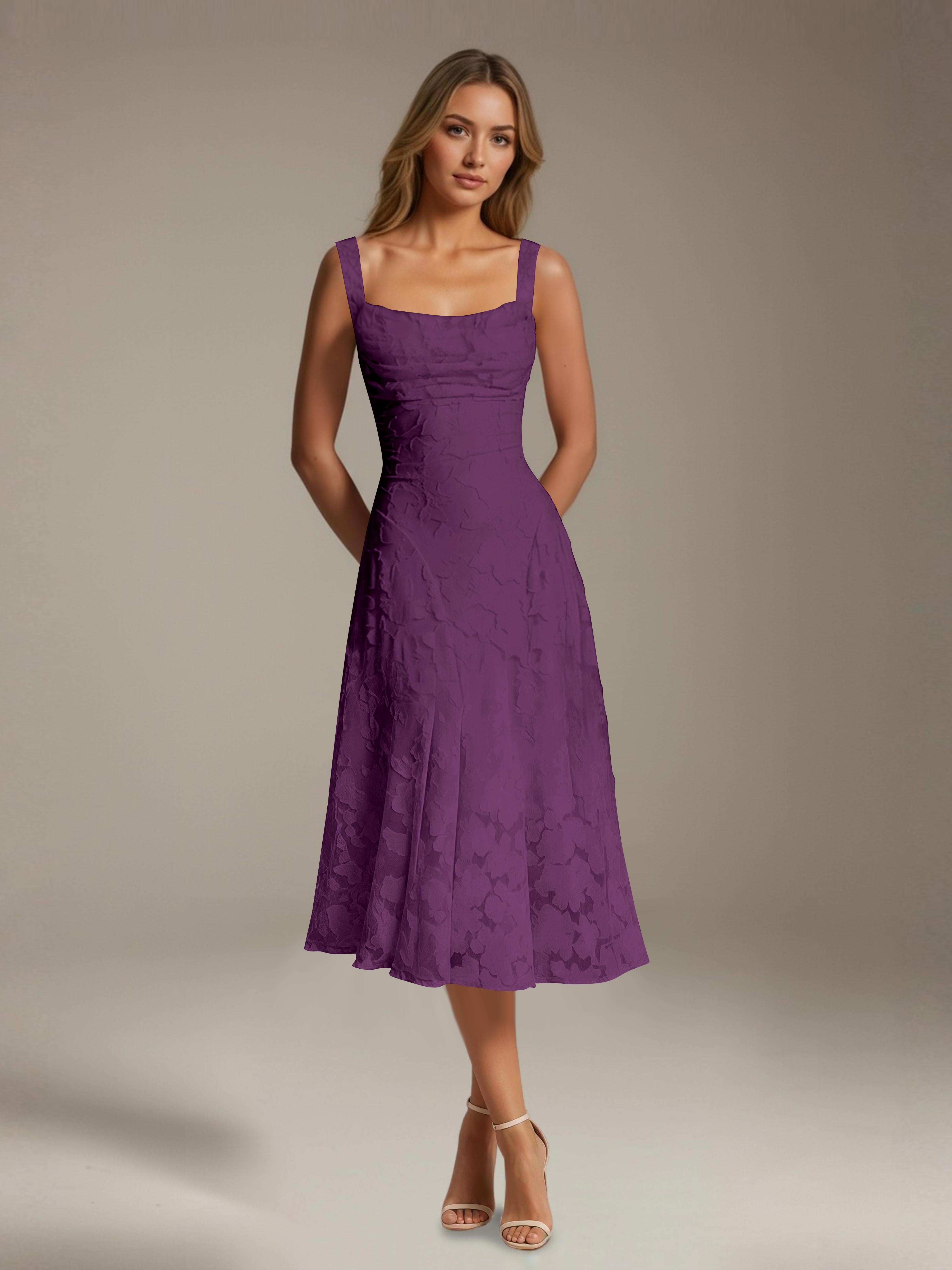 Floral Tea-Length Lace Dress – A-Line Square Neck Sleeveless Formal Wedding Guest Dress