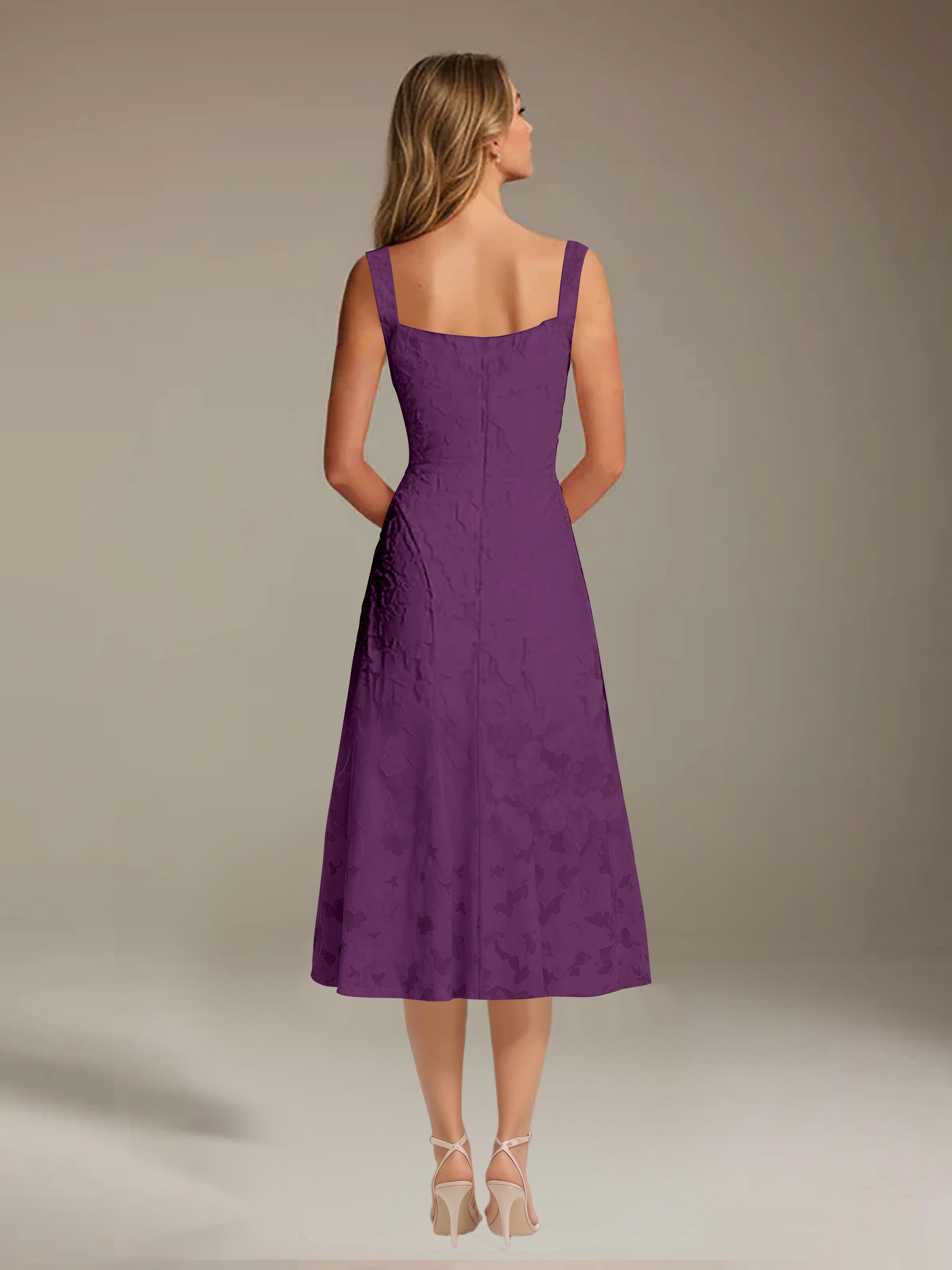 Floral Tea-Length Lace Dress – A-Line Square Neck Sleeveless Formal Wedding Guest Dress