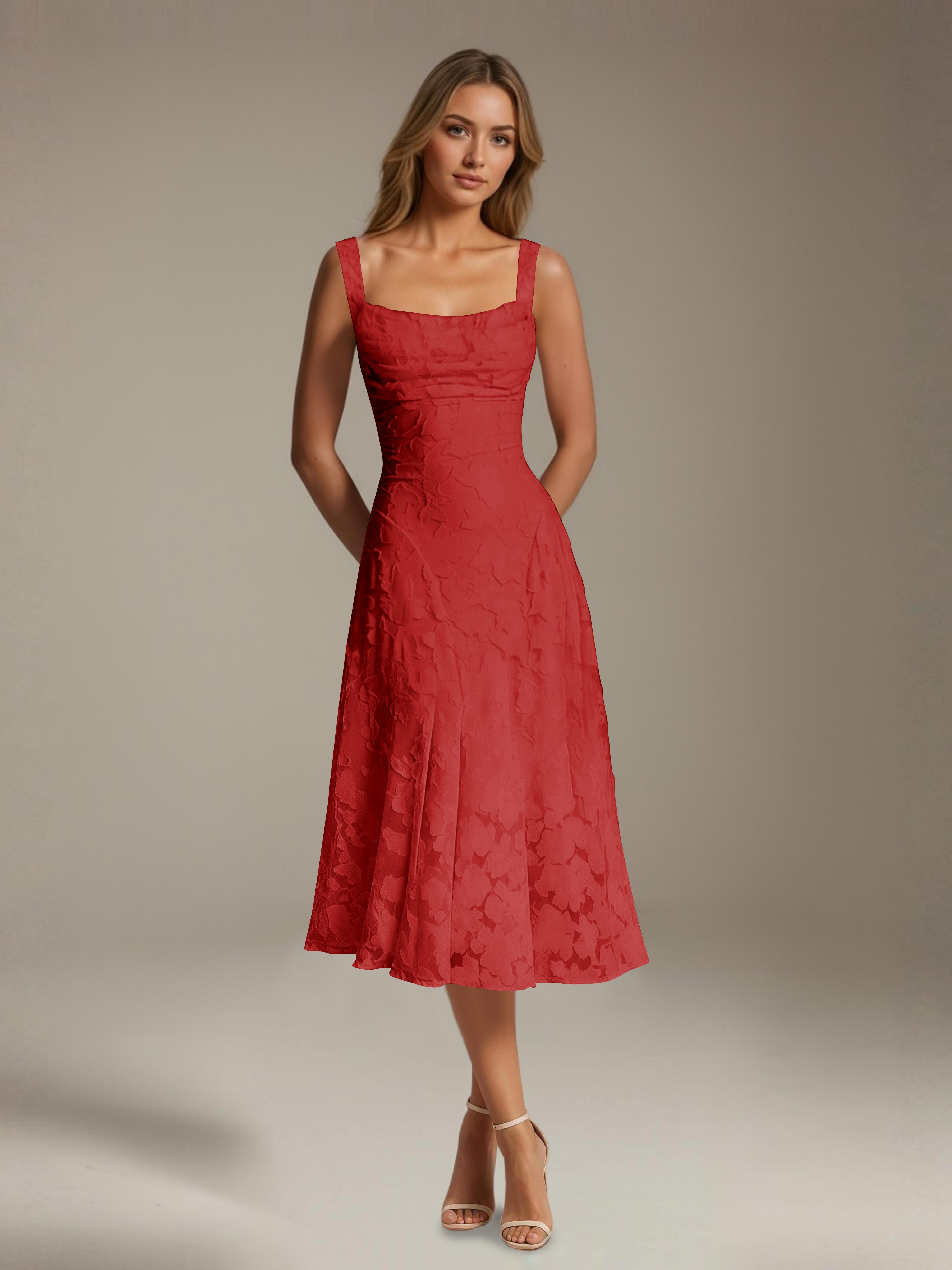 Floral Tea-Length Lace Dress – A-Line Square Neck Sleeveless Formal Wedding Guest Dress