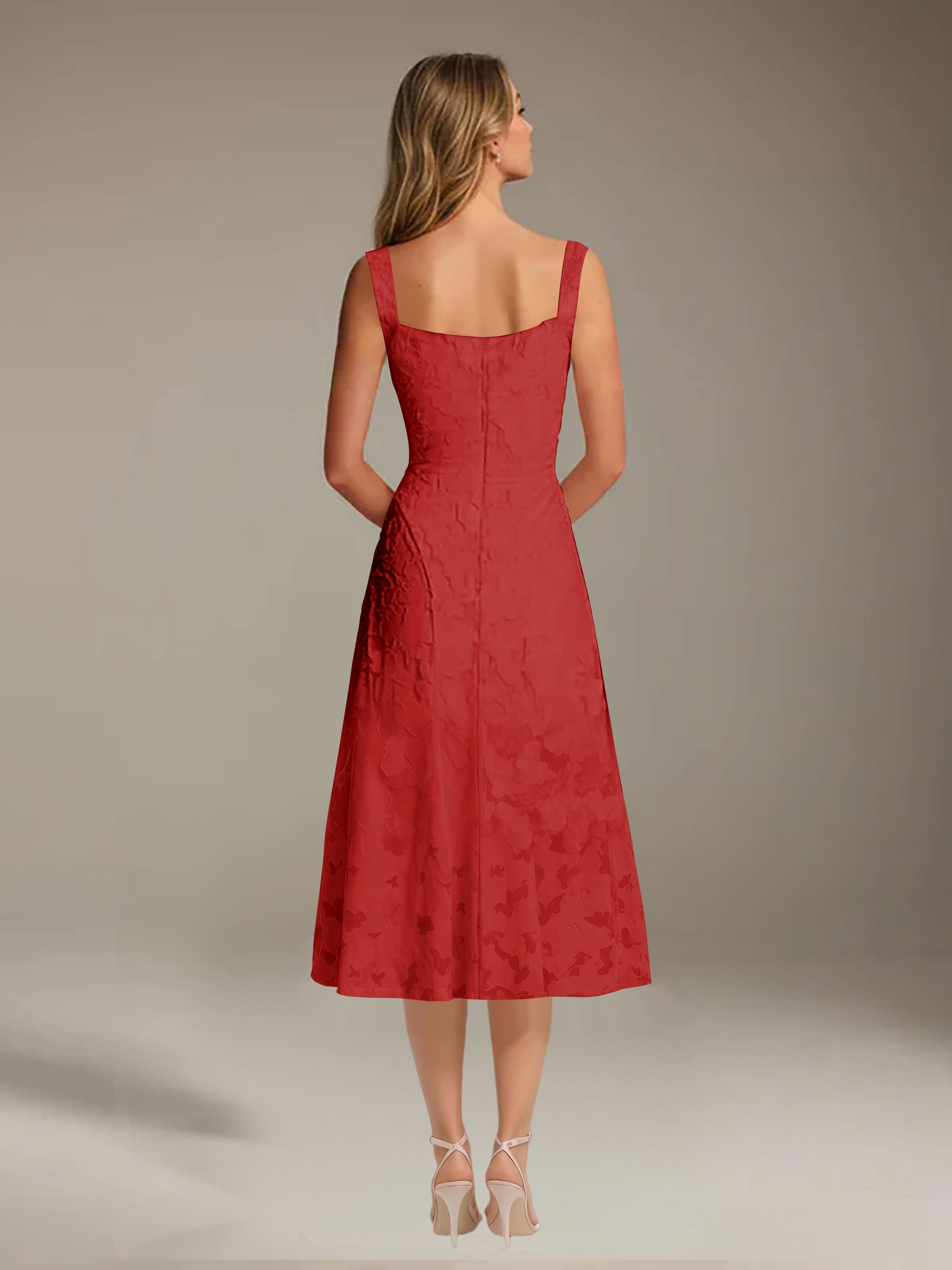 Floral Tea-Length Lace Dress – A-Line Square Neck Sleeveless Formal Wedding Guest Dress