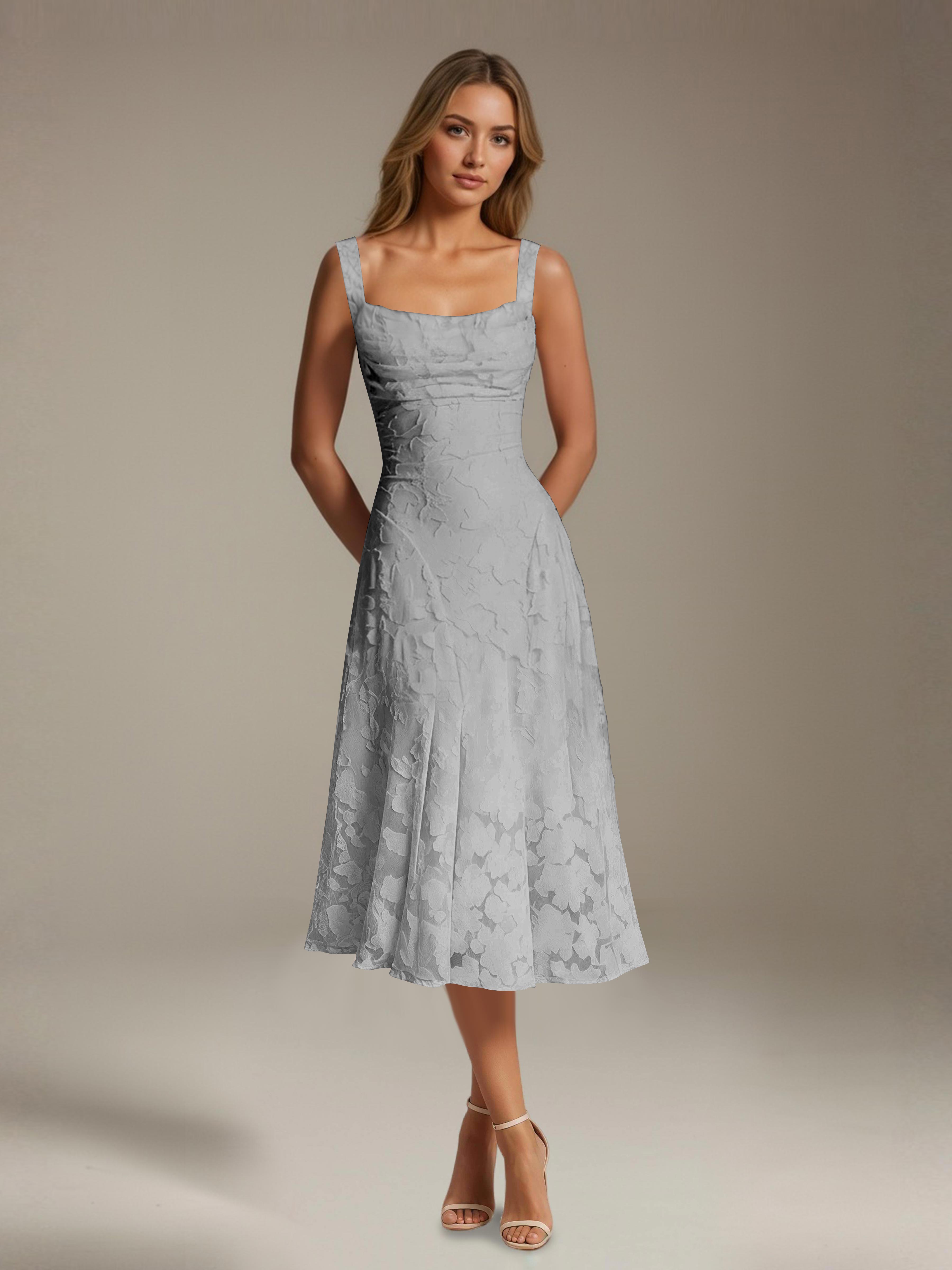 Floral Tea-Length Lace Dress – A-Line Square Neck Sleeveless Formal Wedding Guest Dress