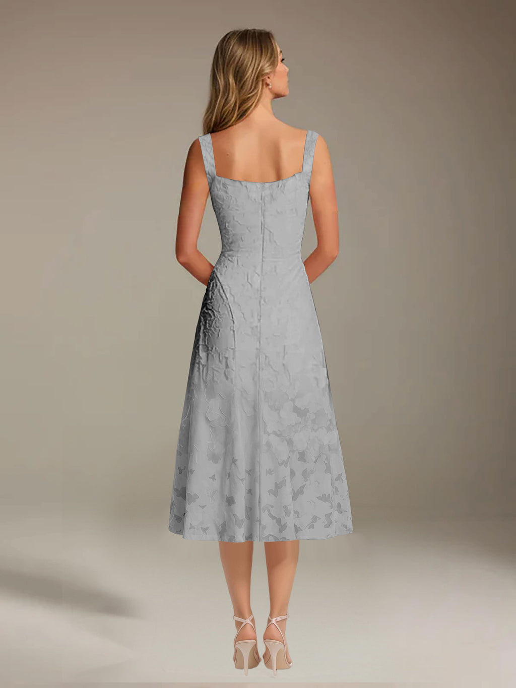 Floral Tea-Length Lace Dress – A-Line Square Neck Sleeveless Formal Wedding Guest Dress