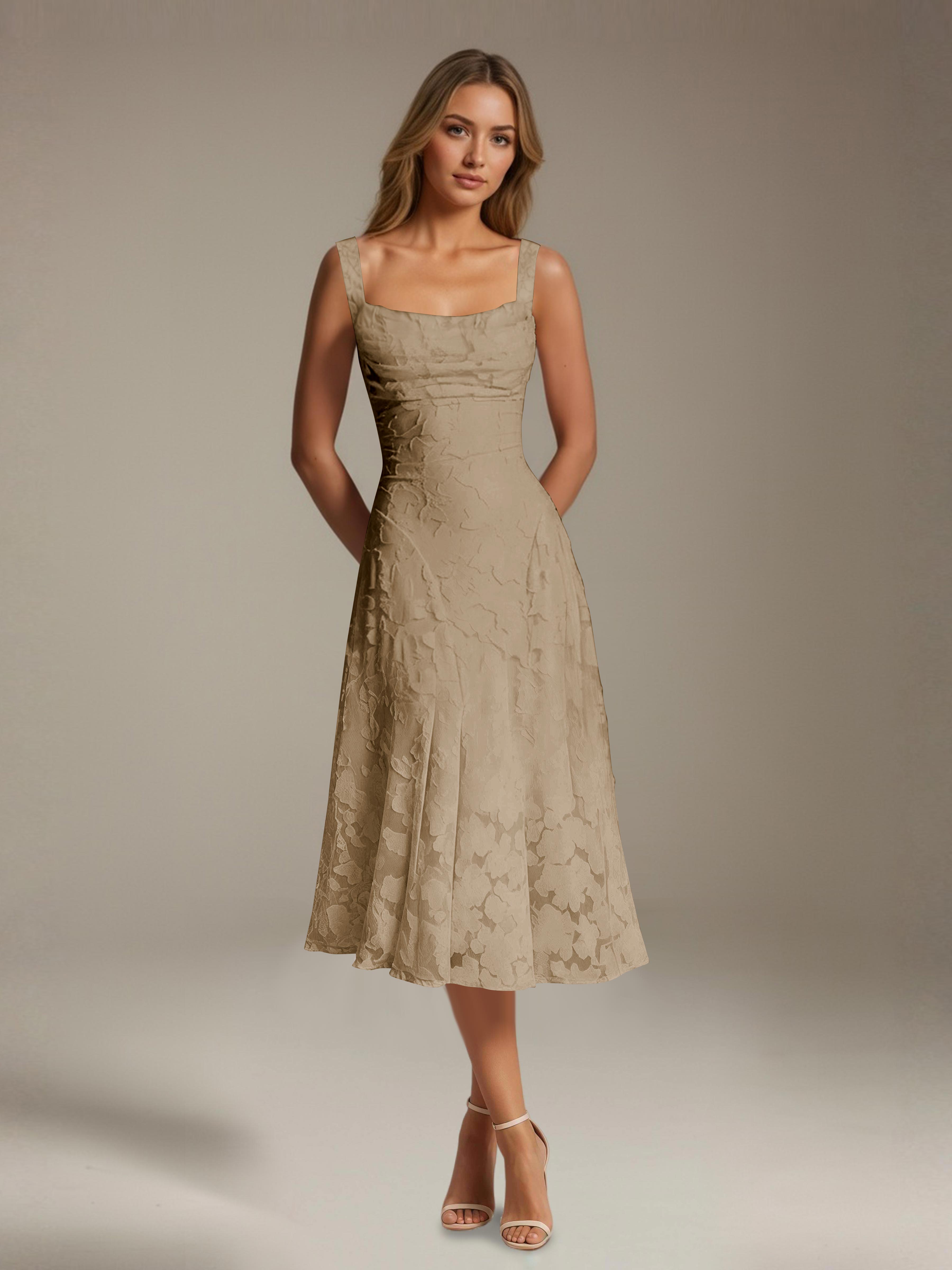 Floral Tea-Length Lace Dress – A-Line Square Neck Sleeveless Formal Wedding Guest Dress
