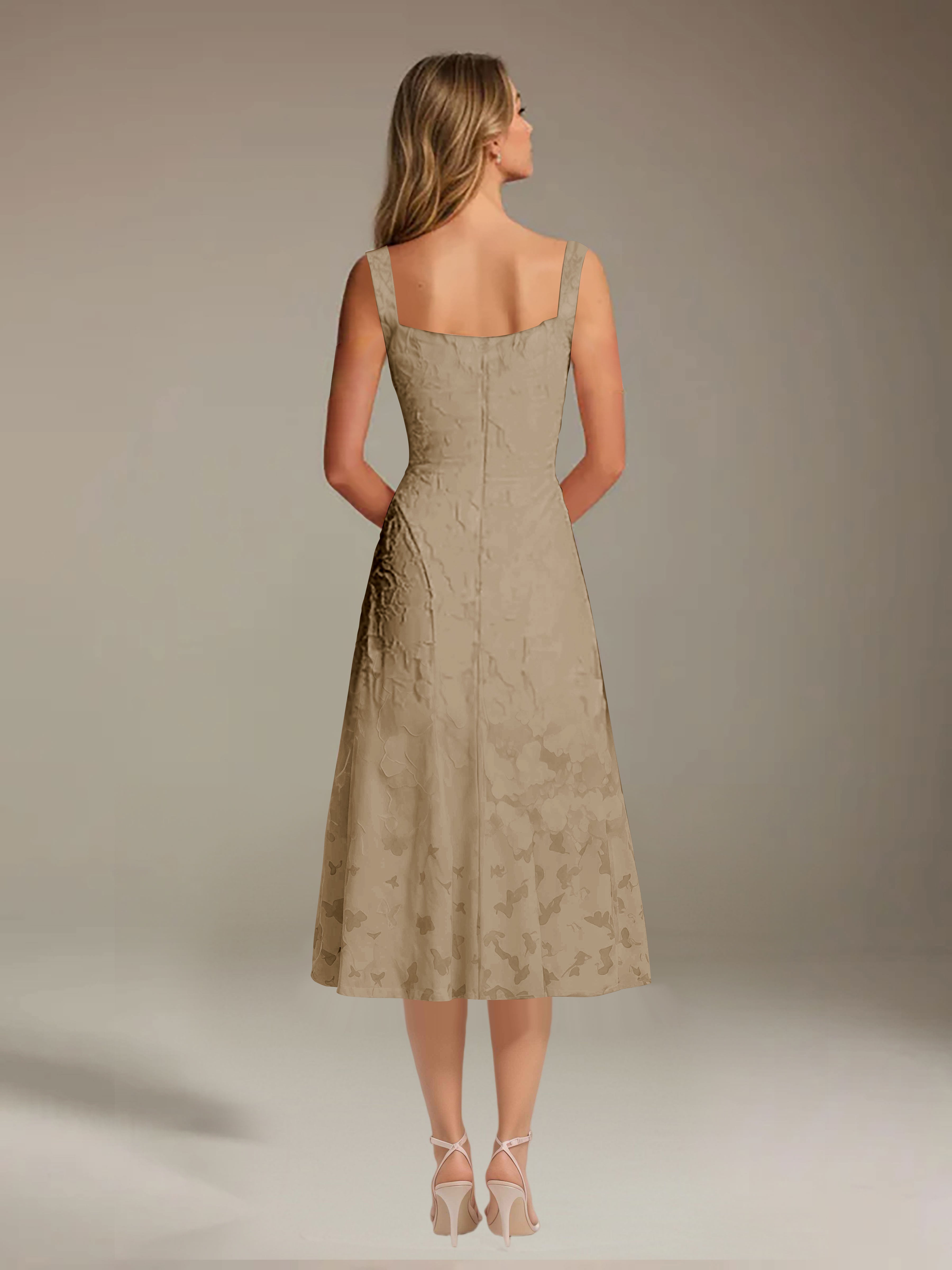 Floral Tea-Length Lace Dress – A-Line Square Neck Sleeveless Formal Wedding Guest Dress