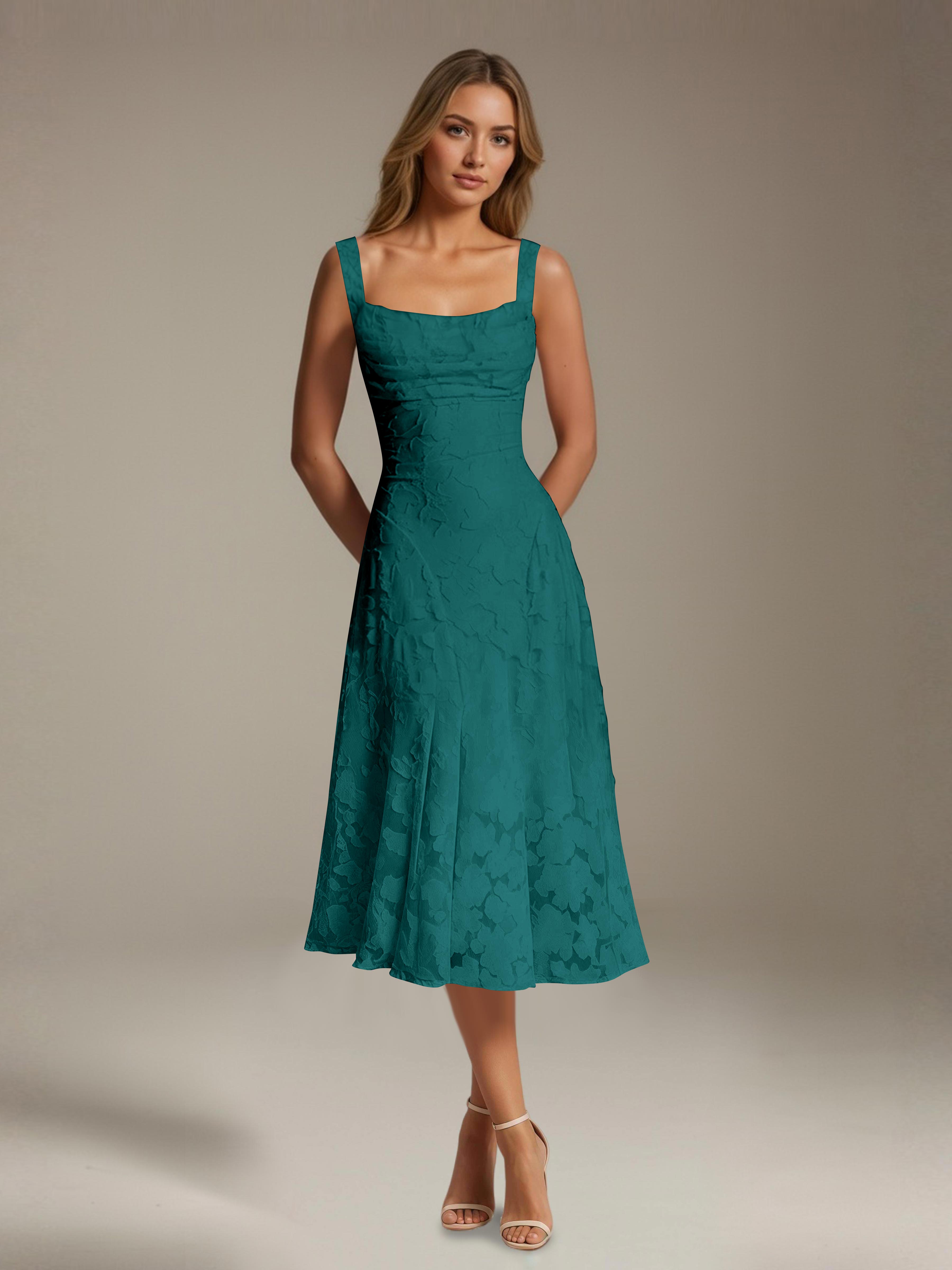Floral Tea-Length Lace Dress – A-Line Square Neck Sleeveless Formal Wedding Guest Dress