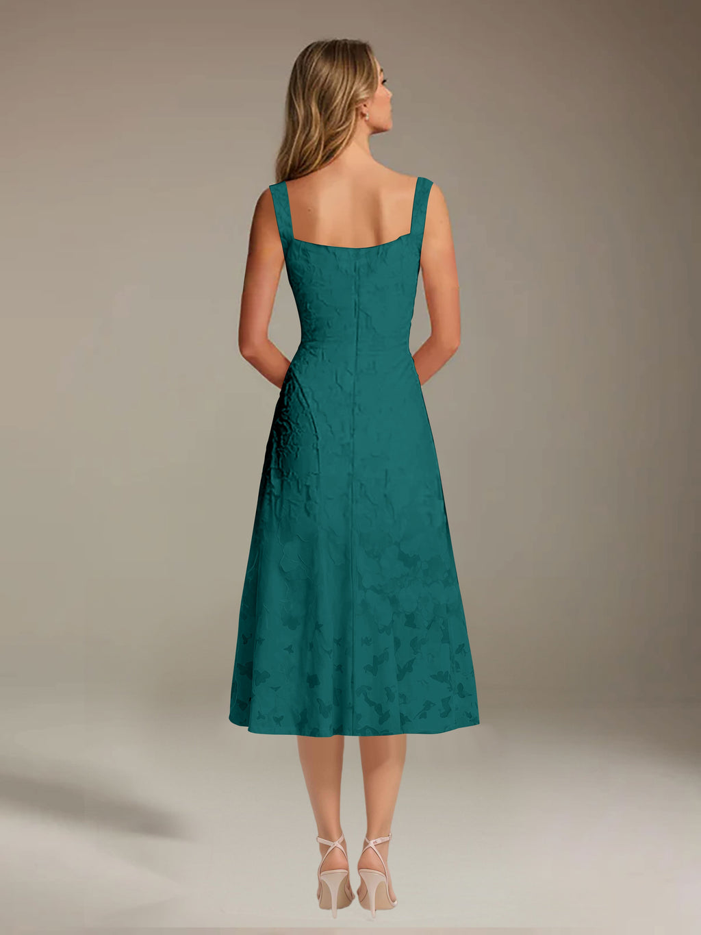 Floral Tea-Length Lace Dress – A-Line Square Neck Sleeveless Formal Wedding Guest Dress