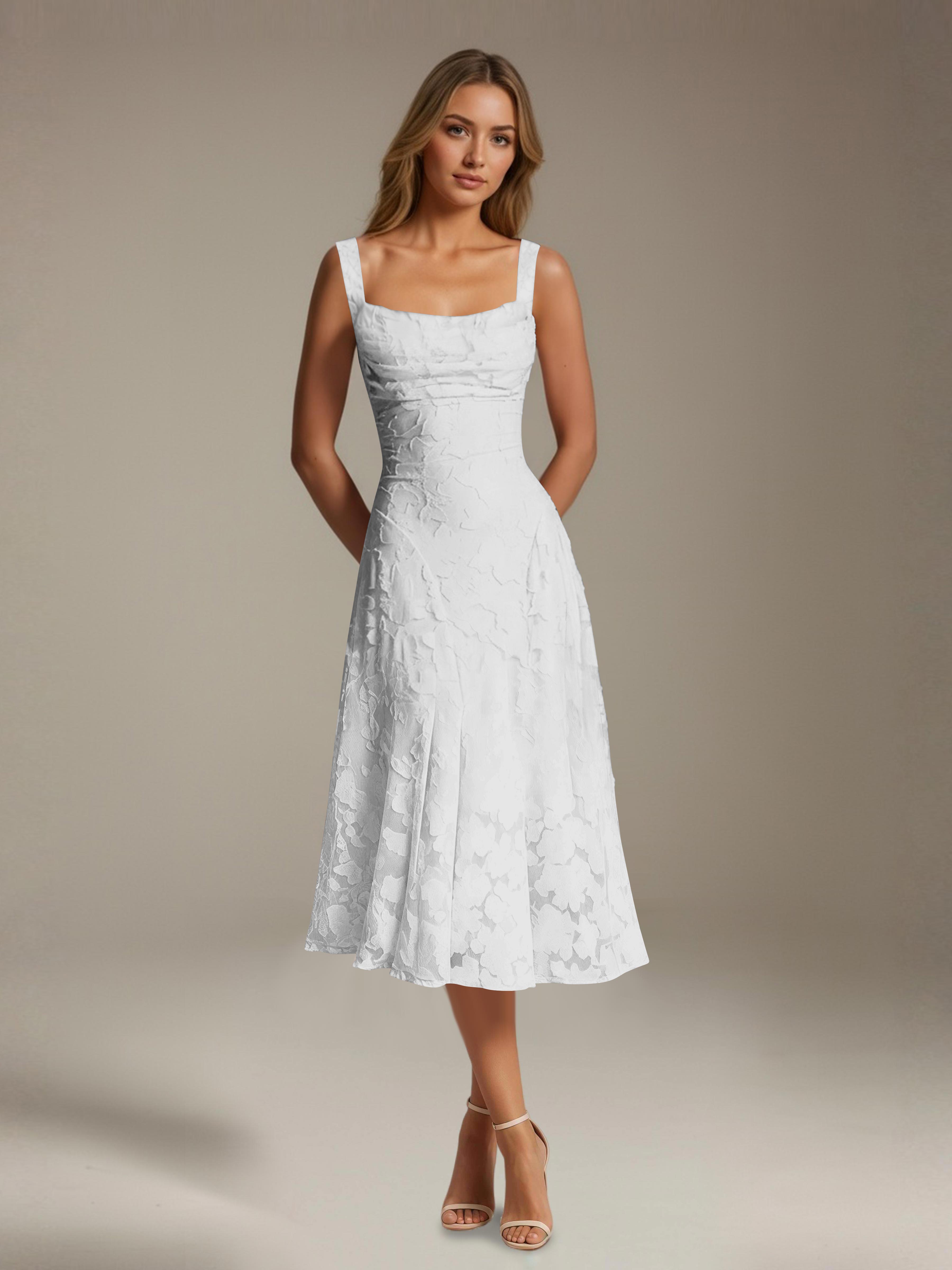 Floral Tea-Length Lace Dress – A-Line Square Neck Sleeveless Formal Wedding Guest Dress