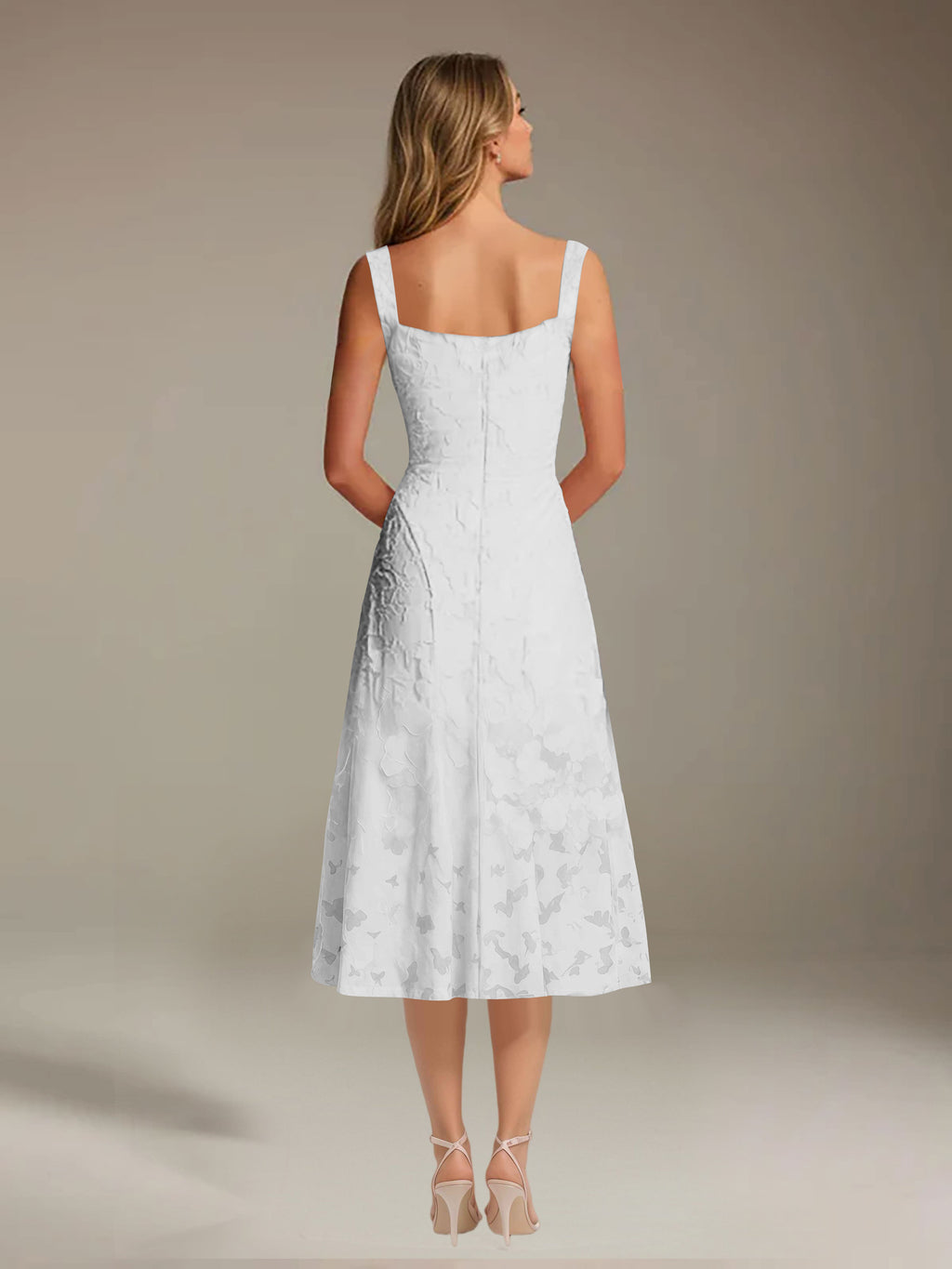 Floral Tea-Length Lace Dress – A-Line Square Neck Sleeveless Formal Wedding Guest Dress