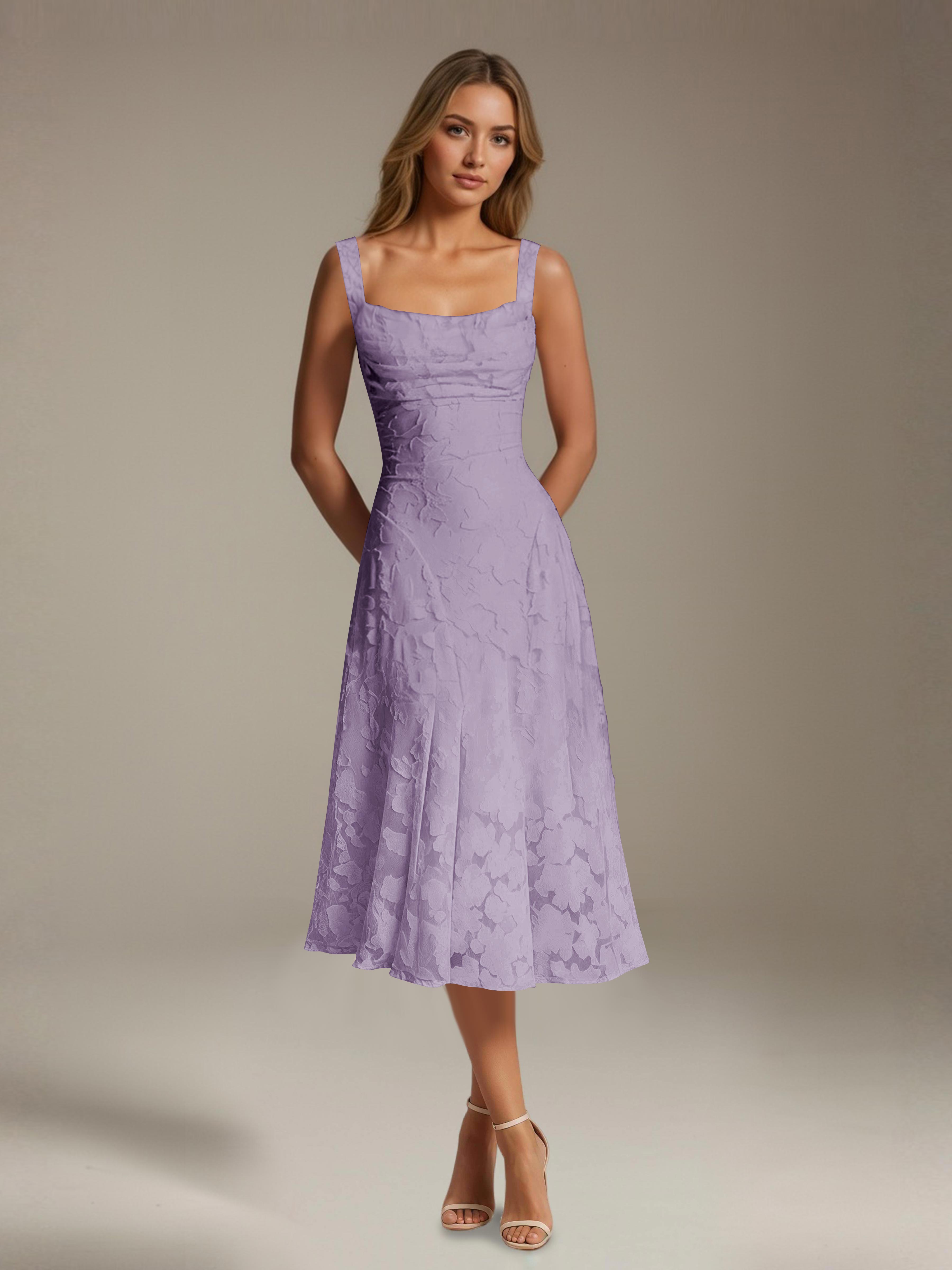 Floral Tea-Length Lace Dress – A-Line Square Neck Sleeveless Formal Wedding Guest Dress