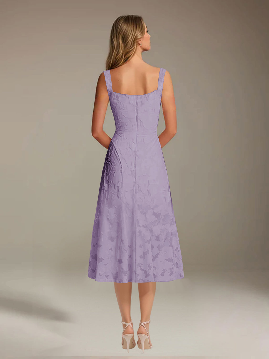 Floral Tea-Length Lace Dress – A-Line Square Neck Sleeveless Formal Wedding Guest Dress