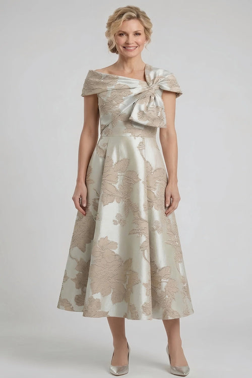 A-Line tea length dress for mother of the bride in elegant design, featuring a flattering silhouette, perfect for formal occasions and wedding celebrations. 0