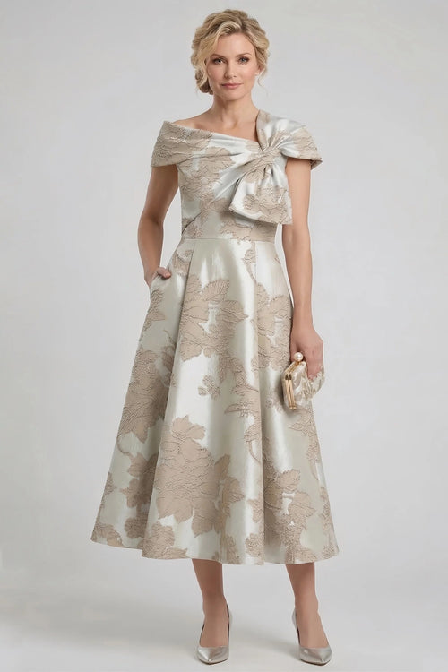 A-Line tea length dress for mother of the bride in elegant design, featuring a flattering silhouette, perfect for formal occasions and wedding celebrations. 1