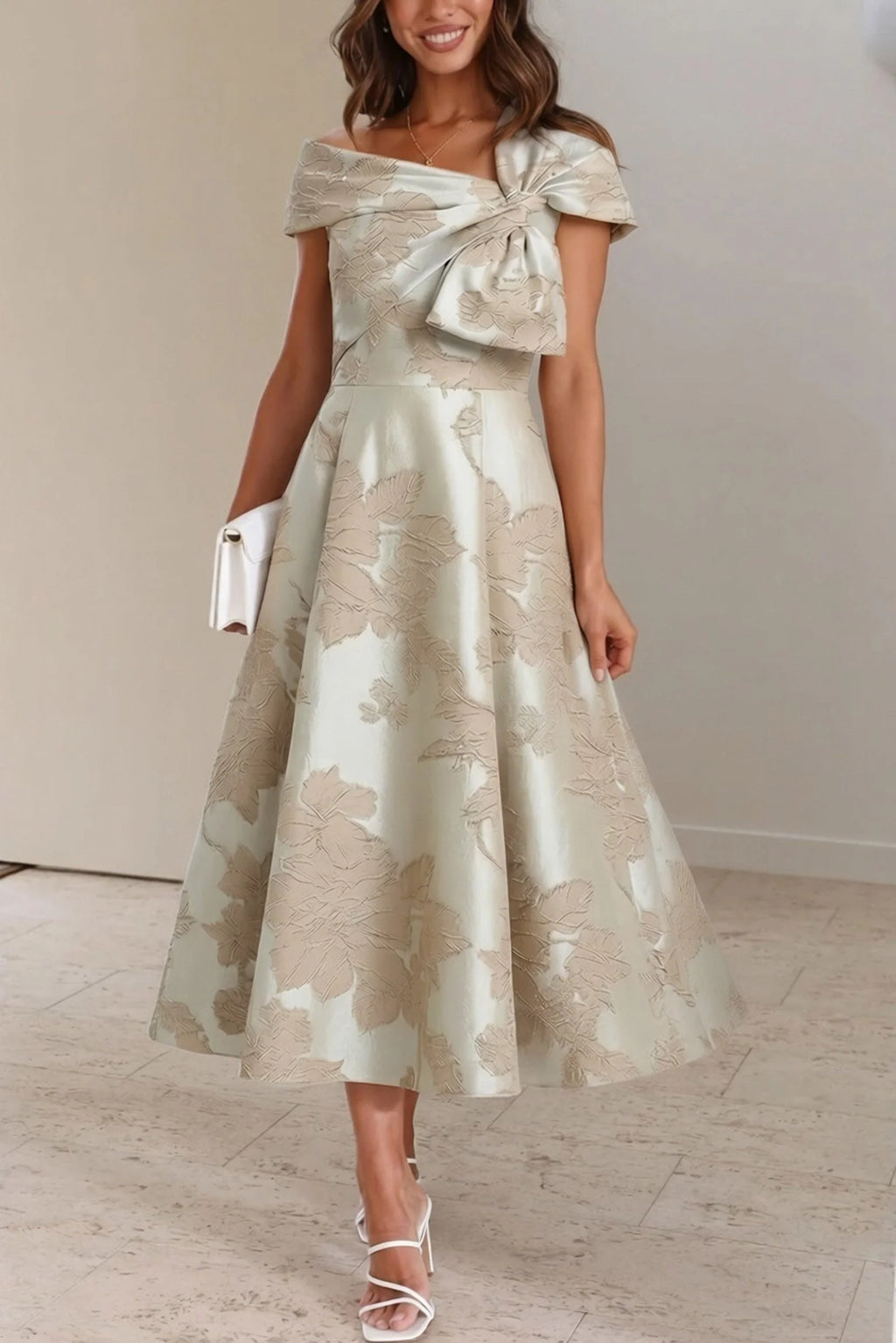 A-Line tea length dress for mother of the bride in elegant design, featuring a flattering silhouette, perfect for formal occasions and wedding celebrations. 3