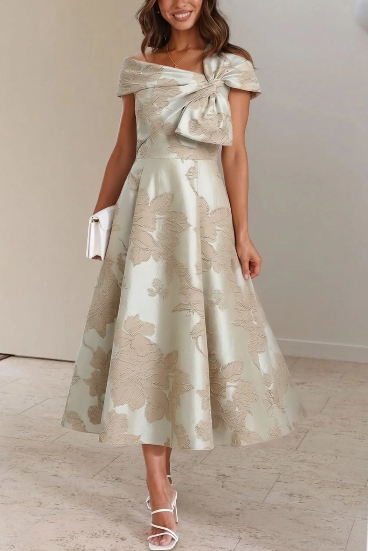 A-Line tea length dress for mother of the bride in elegant design, featuring a flattering silhouette, perfect for formal occasions and wedding celebrations. 3