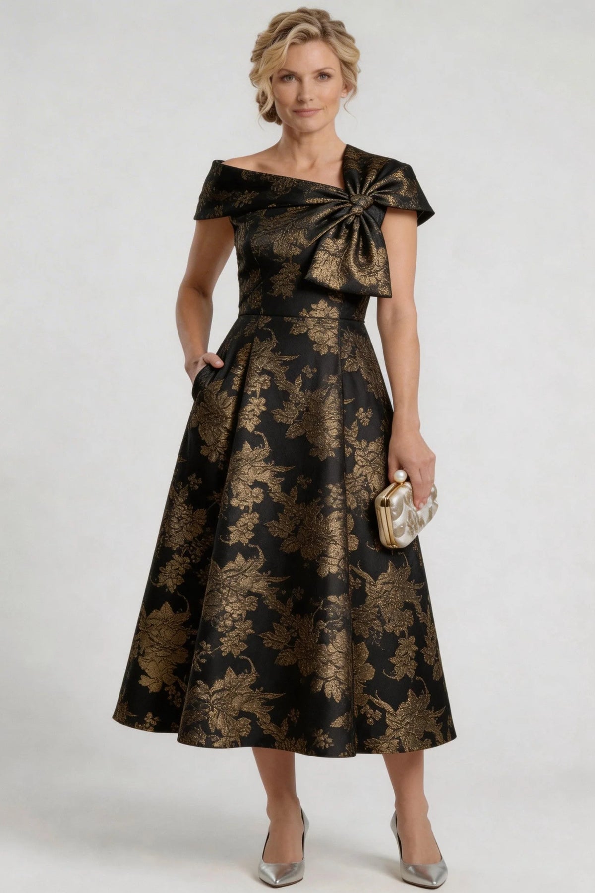 A-Line tea length dress for mother of the bride in elegant design, featuring a flattering silhouette, perfect for formal occasions and wedding celebrations. 6