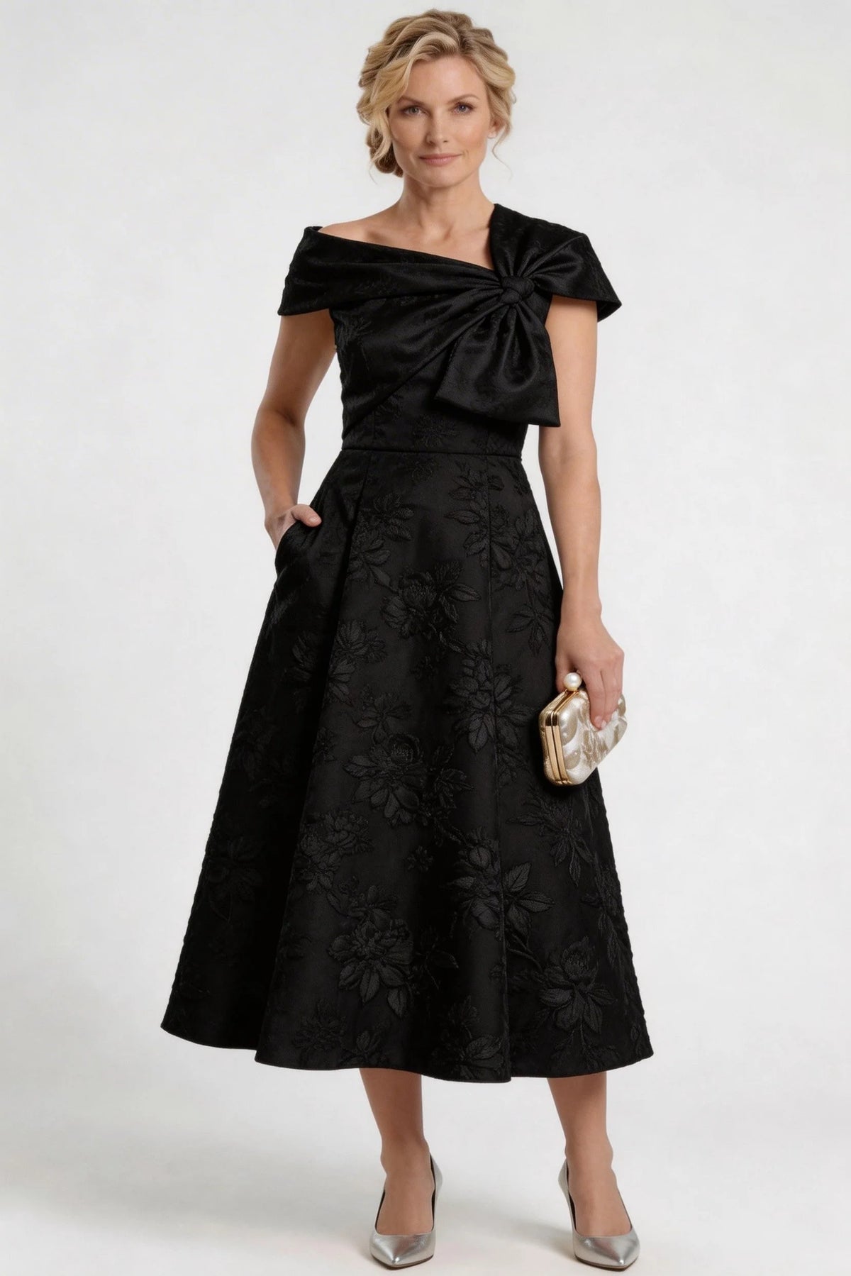 A-Line tea length dress for mother of the bride in elegant design, featuring a flattering silhouette, perfect for formal occasions and wedding celebrations. 7