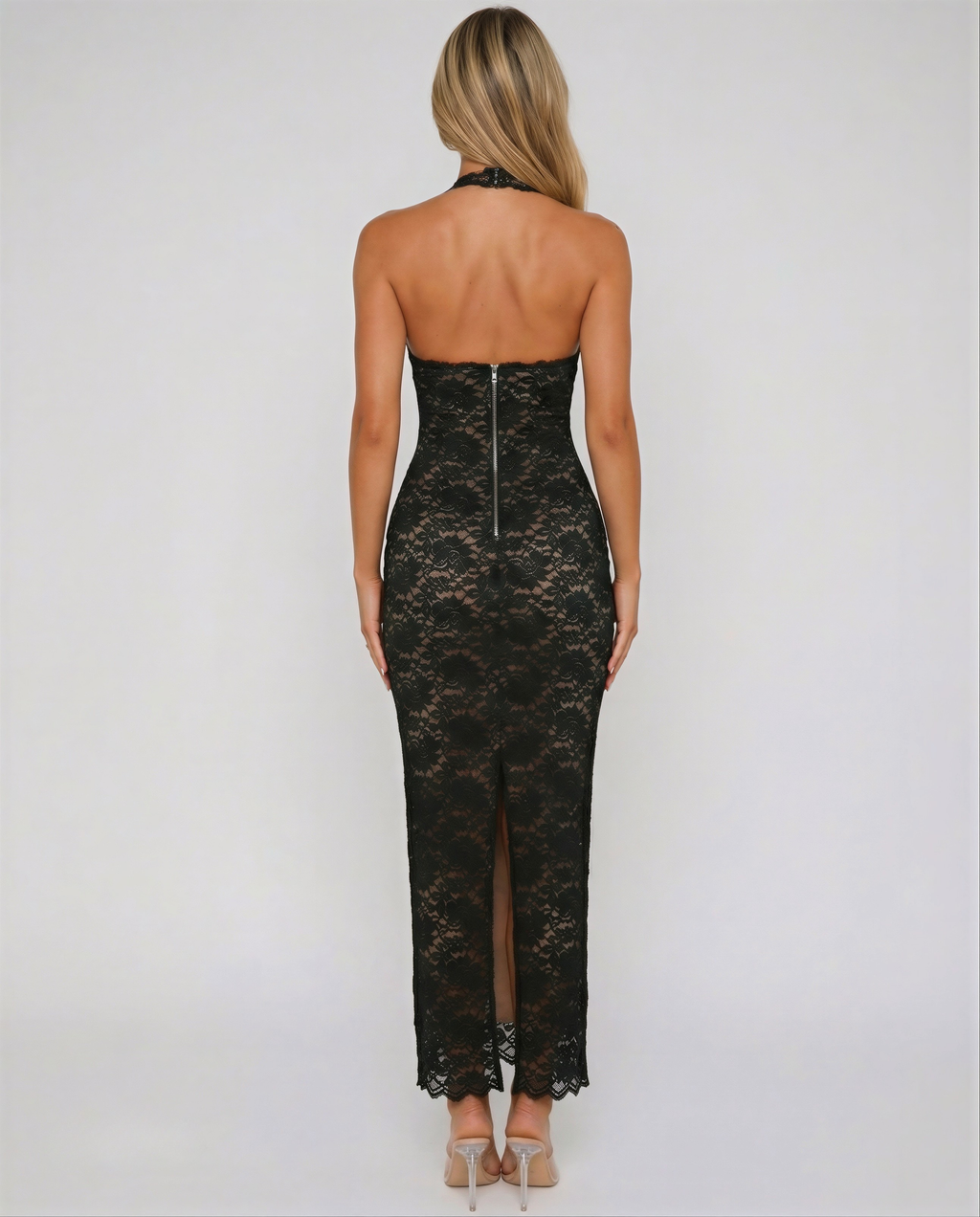 Nynke Women’s Dress | Maxi Length | Halter Neck with Lace Look and Back Slit