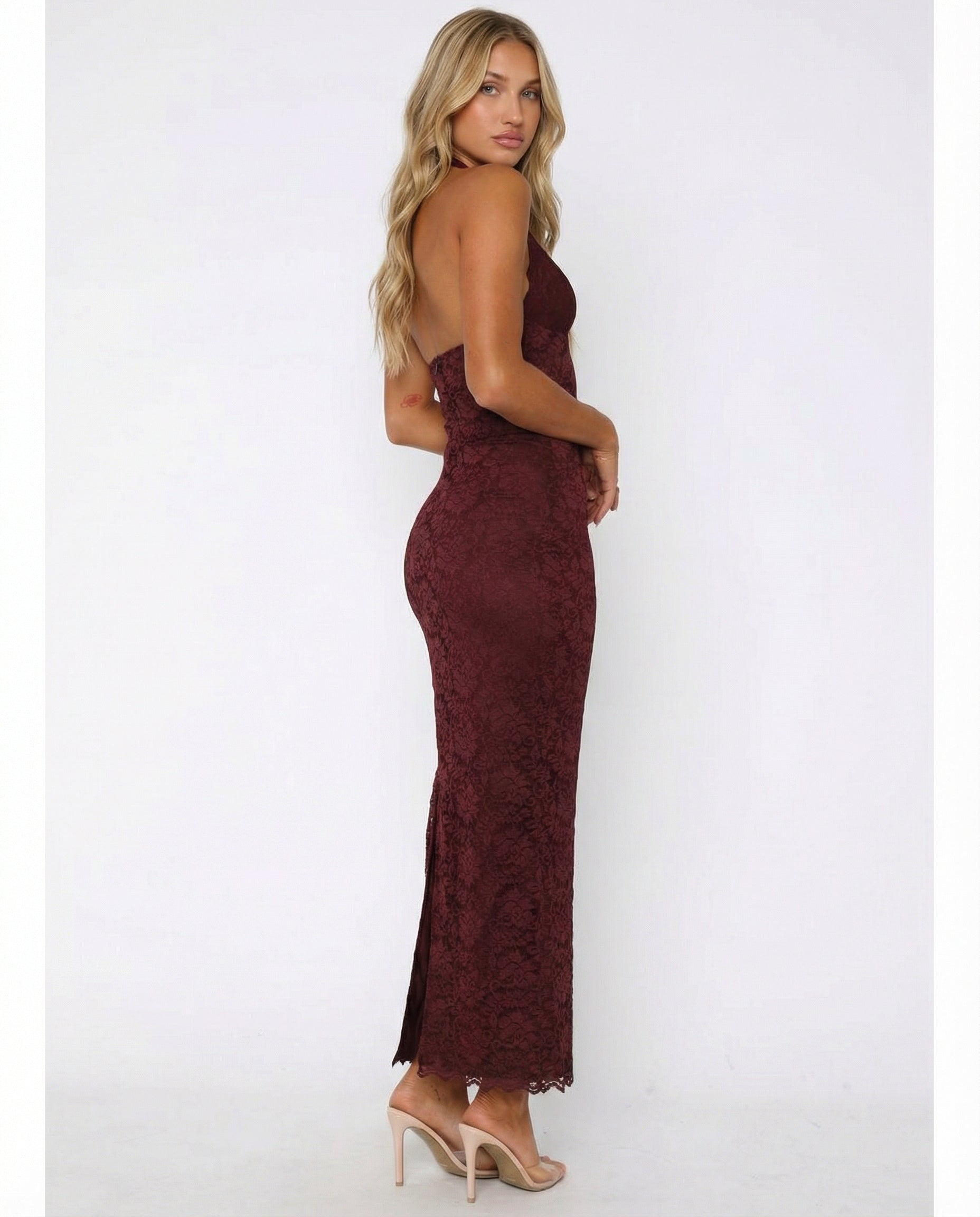 Nynke Women’s Dress | Maxi Length | Halter Neck with Lace Look and Back Slit