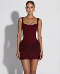 Women’s Dress | Mini Length | Corset Look with Sequin Skirt and Lace-Up Back Closure
