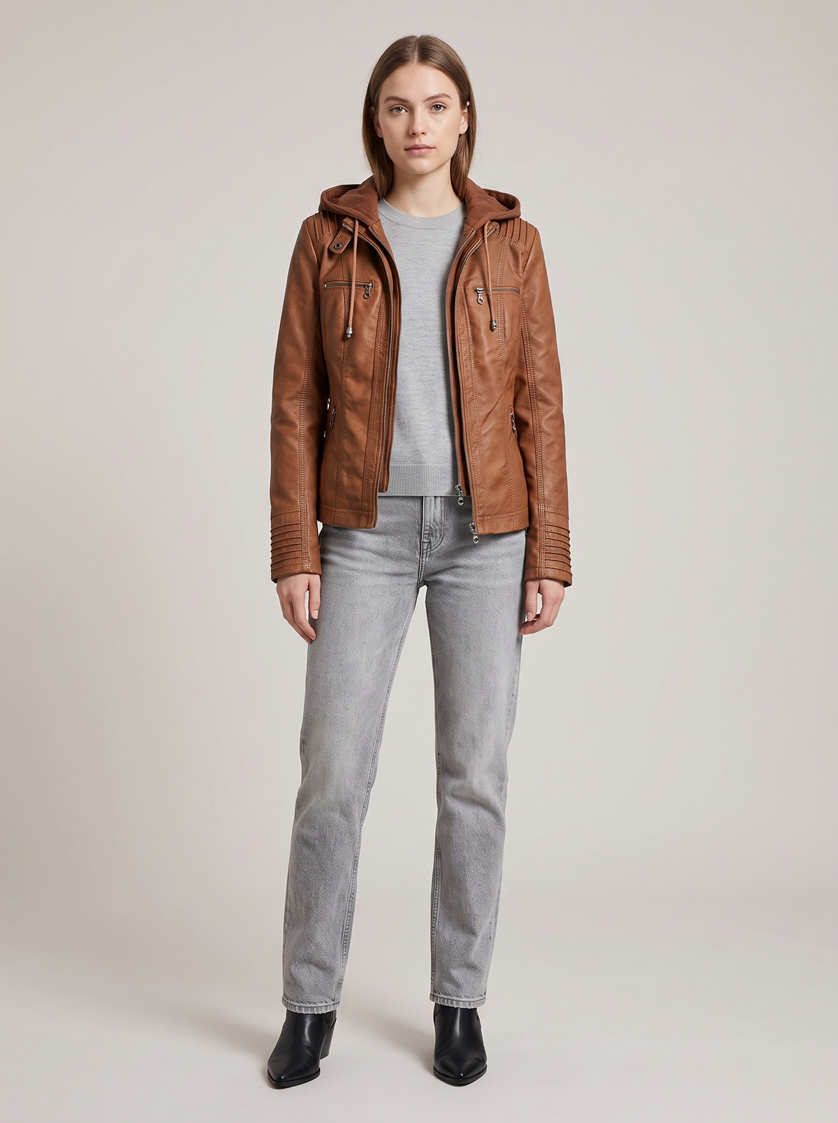 Amber | Women's Biker Jacket with Detachable Hood and Long Sleeves