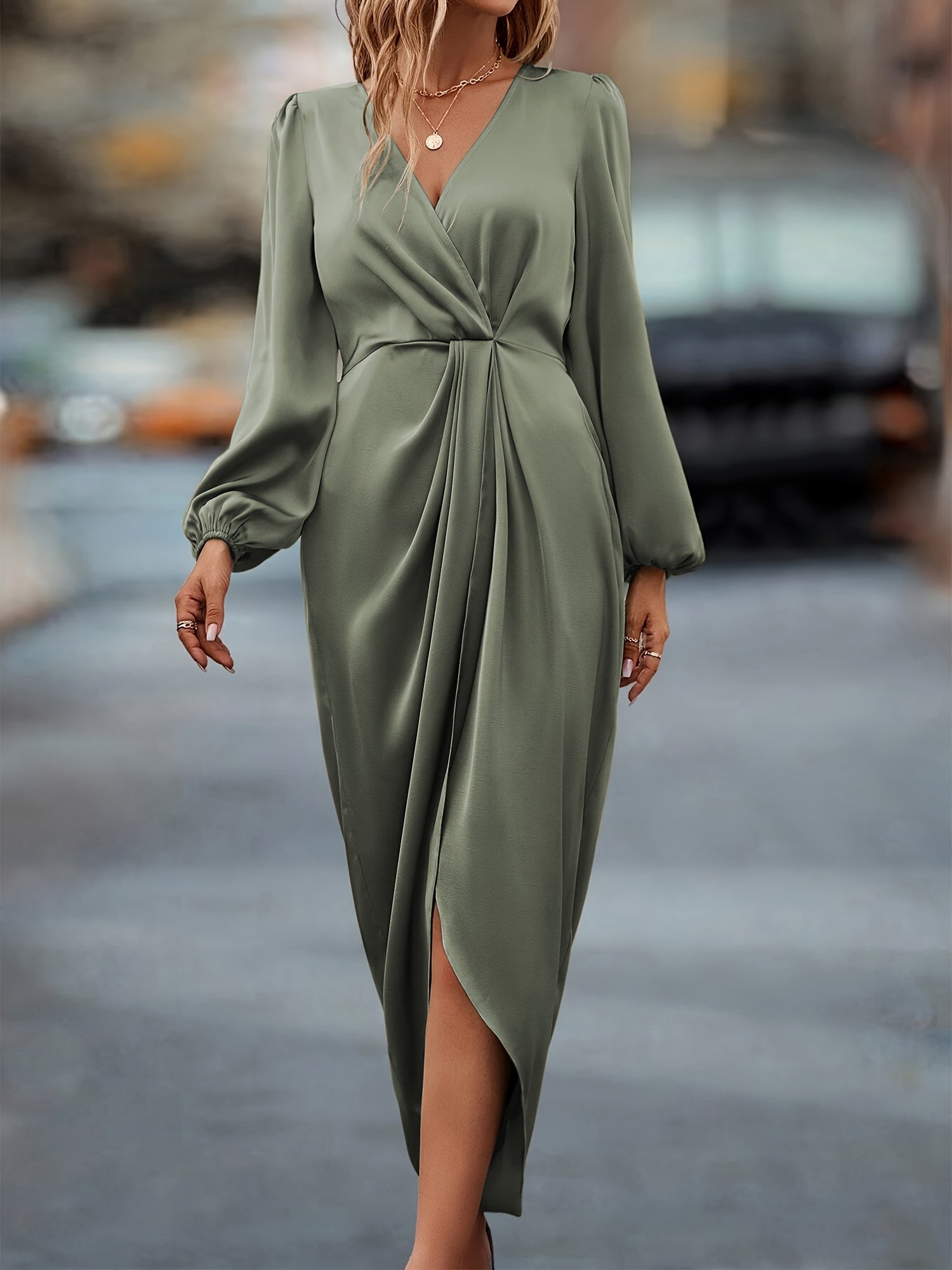 Anna | Elegant Women’s Midi Wrap Dress with Long Sleeves