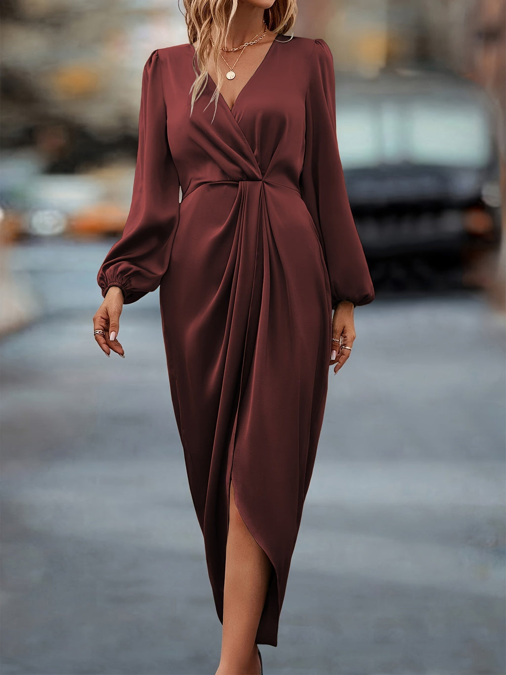 Anna | Elegant Women’s Midi Wrap Dress with Long Sleeves