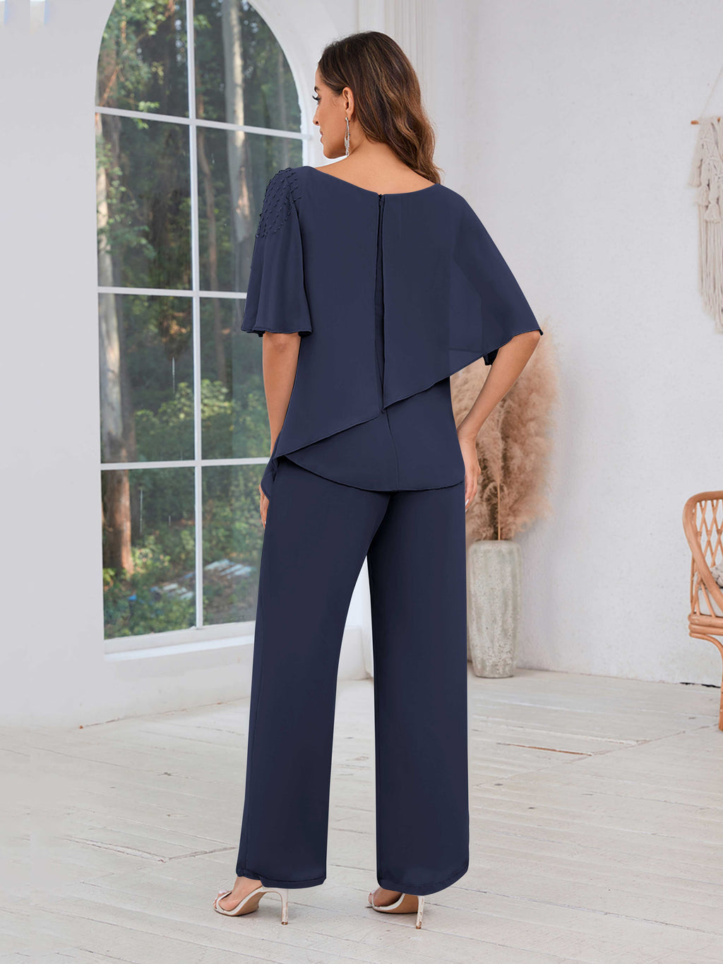 Women's Jumpsuit Beaded Back Zipper Chiffon Mother of the Bride Pantsuit