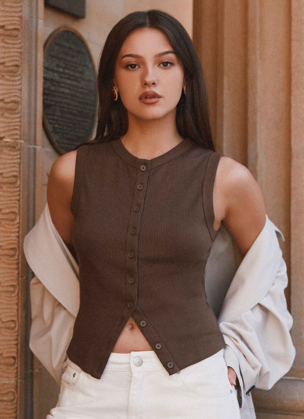 Nolani Ribbed Tank Top – Sleeveless Top with Button Closure