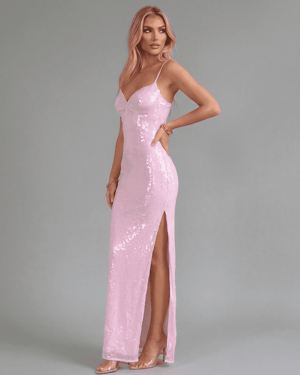 Women’s Maxi Dress | Spaghetti Straps | Sequin Look & High Slit