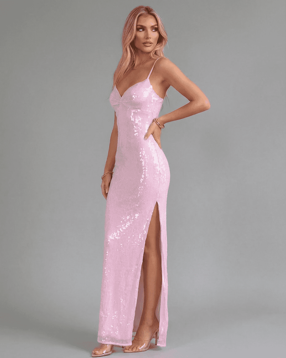 Women’s Maxi Dress | Spaghetti Straps | Sequin Look & High Slit