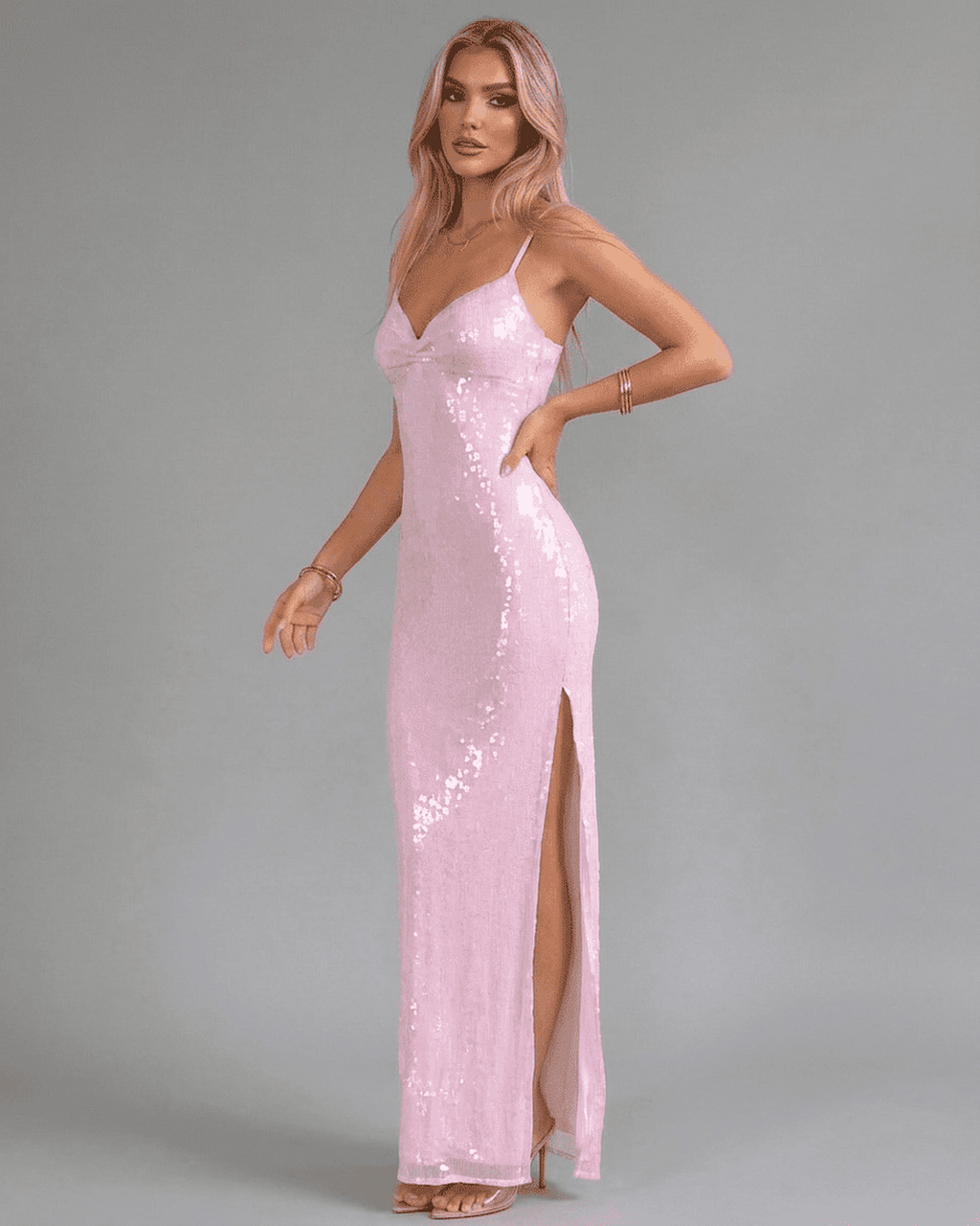 Women’s Maxi Dress | Spaghetti Straps | Sequin Look & High Slit