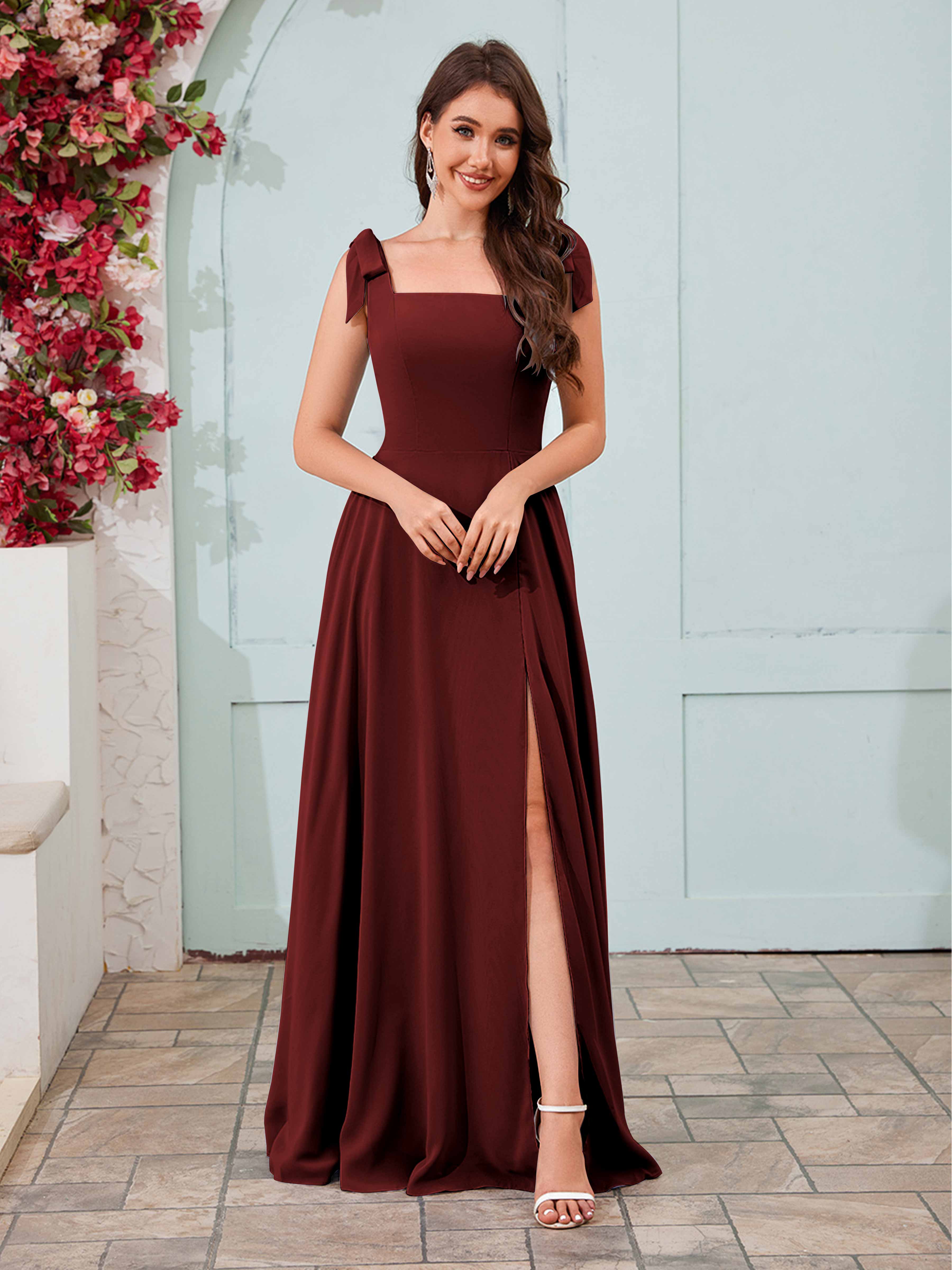 Women's Bridesmaid Dress Square Neckline Slit Long Chiffon UK