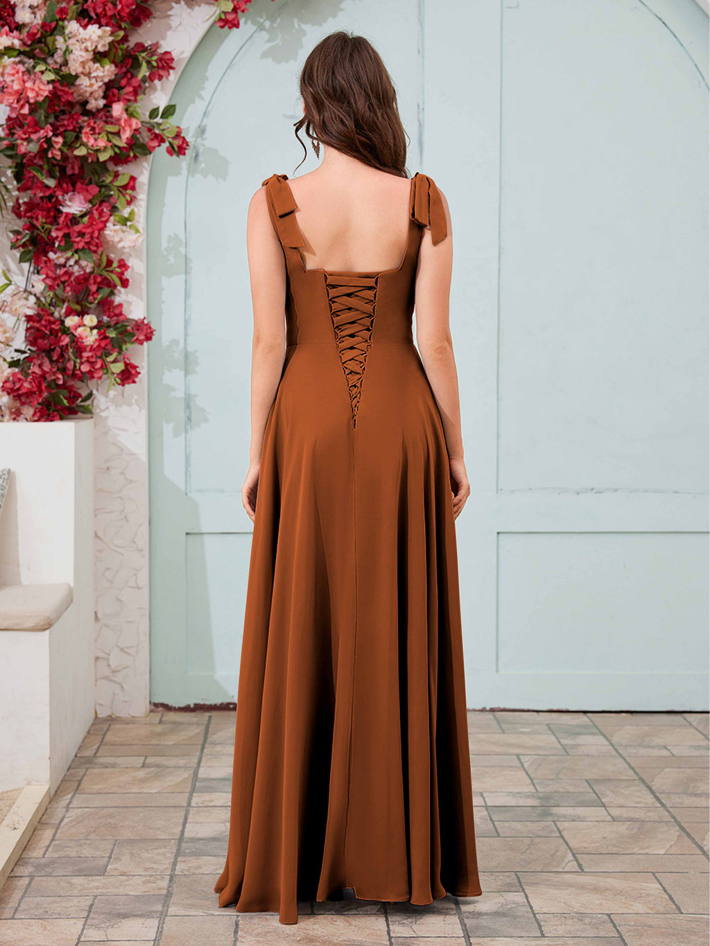 Women's Bridesmaid Dress Square Neckline Slit Long Chiffon UK