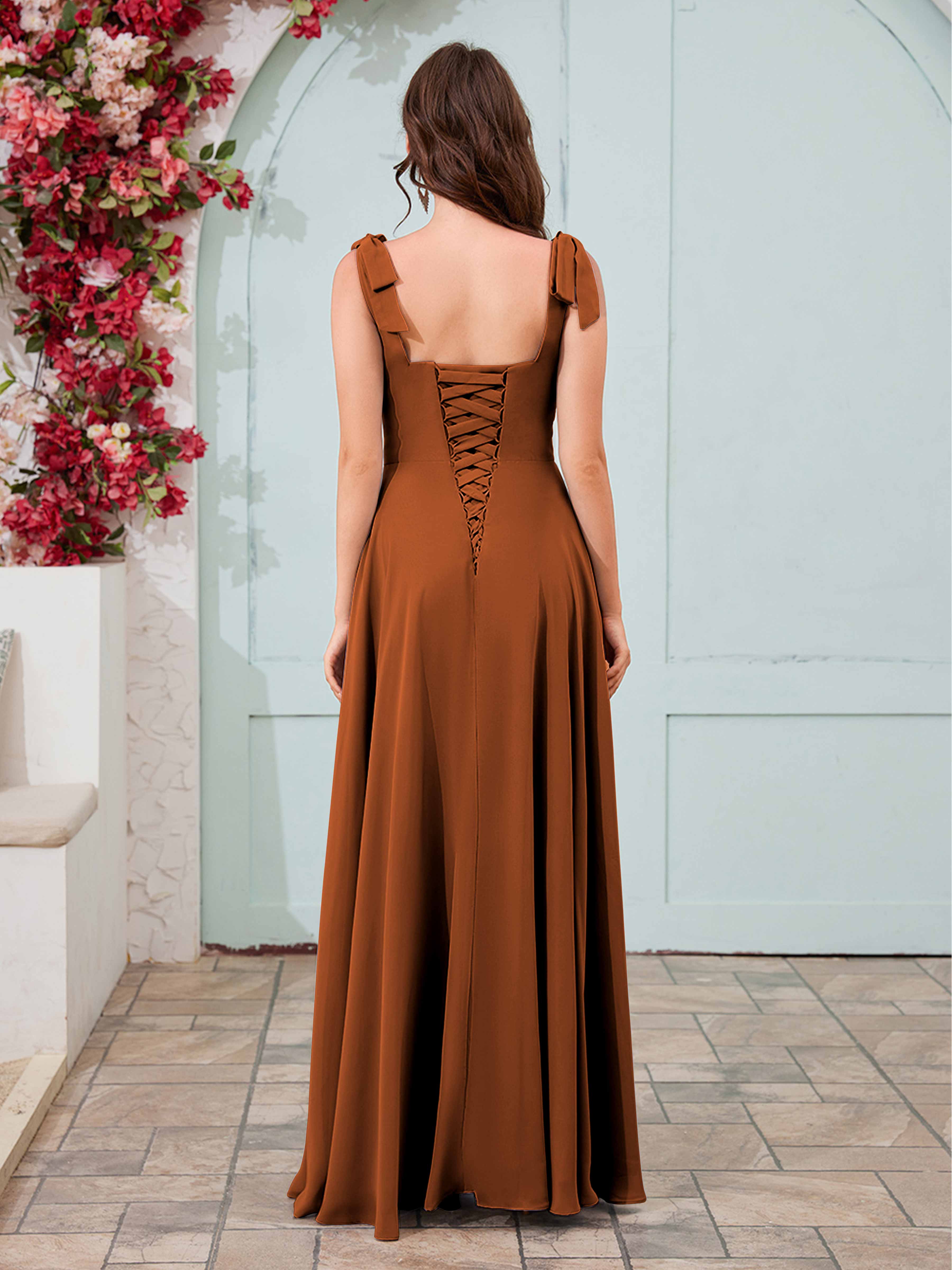 Women's Bridesmaid Dress Square Neckline Slit Long Chiffon UK