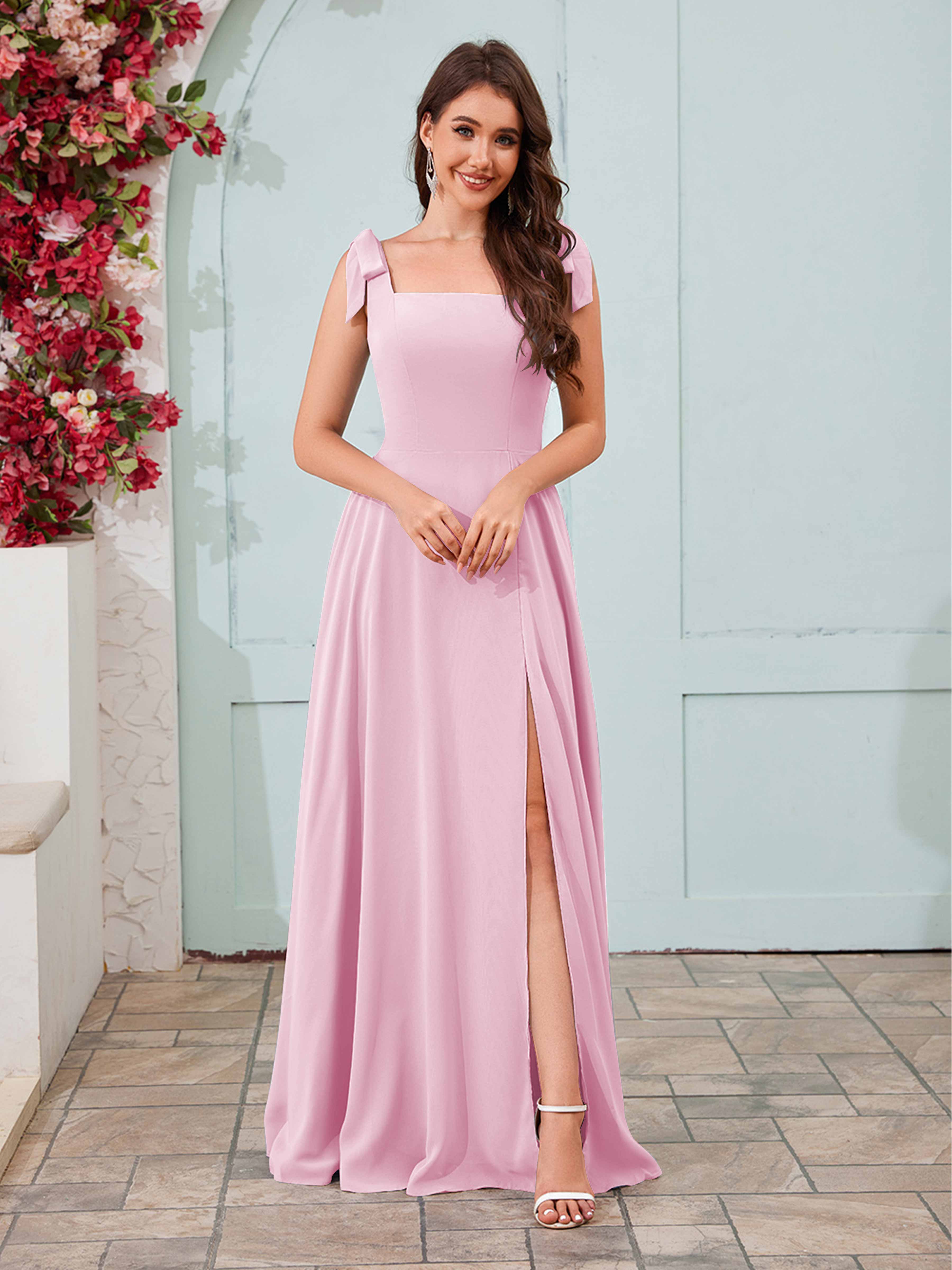 Women's Bridesmaid Dress Square Neckline Slit Long Chiffon UK