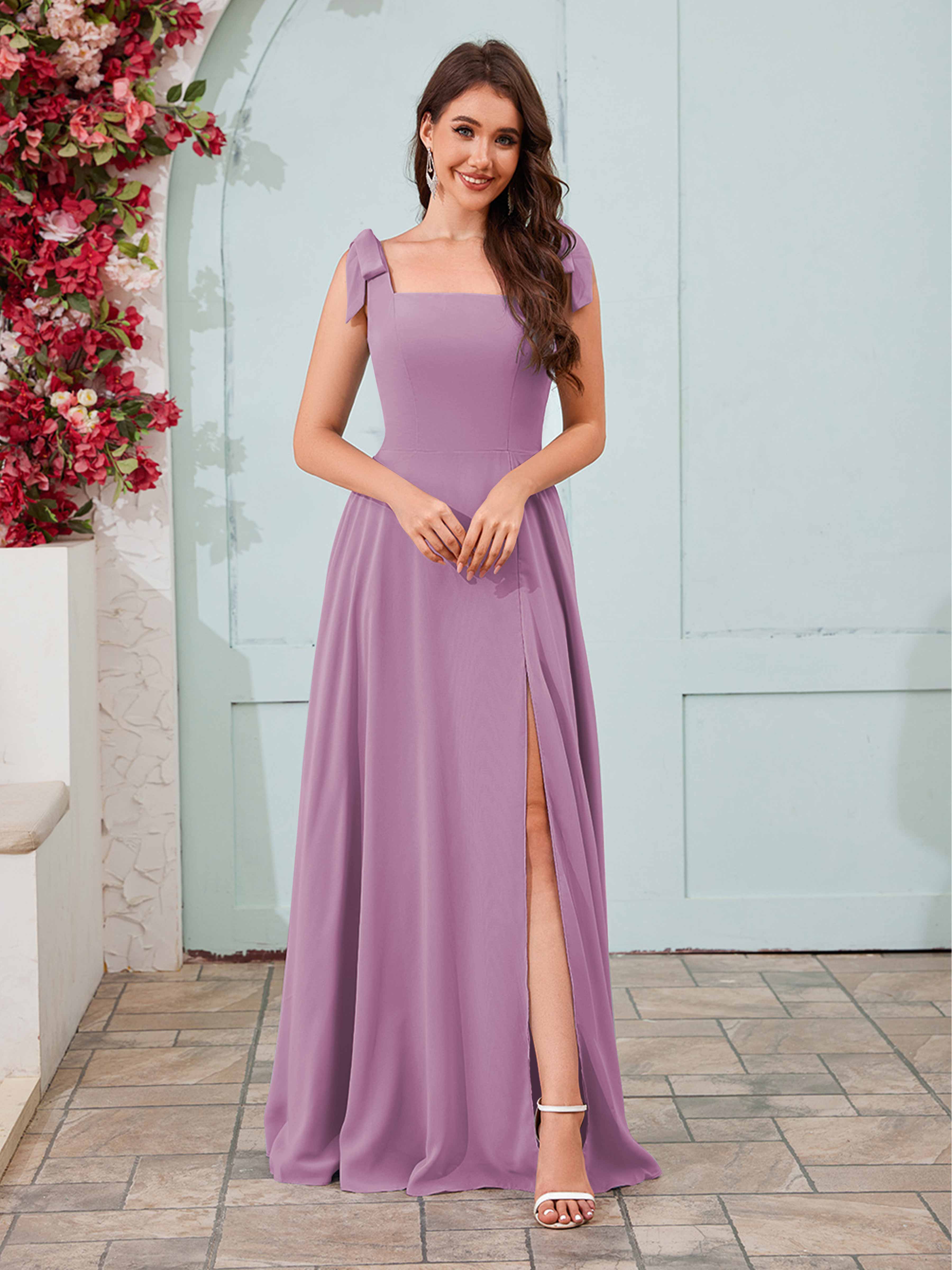 Women's Bridesmaid Dress Square Neckline Slit Long Chiffon UK