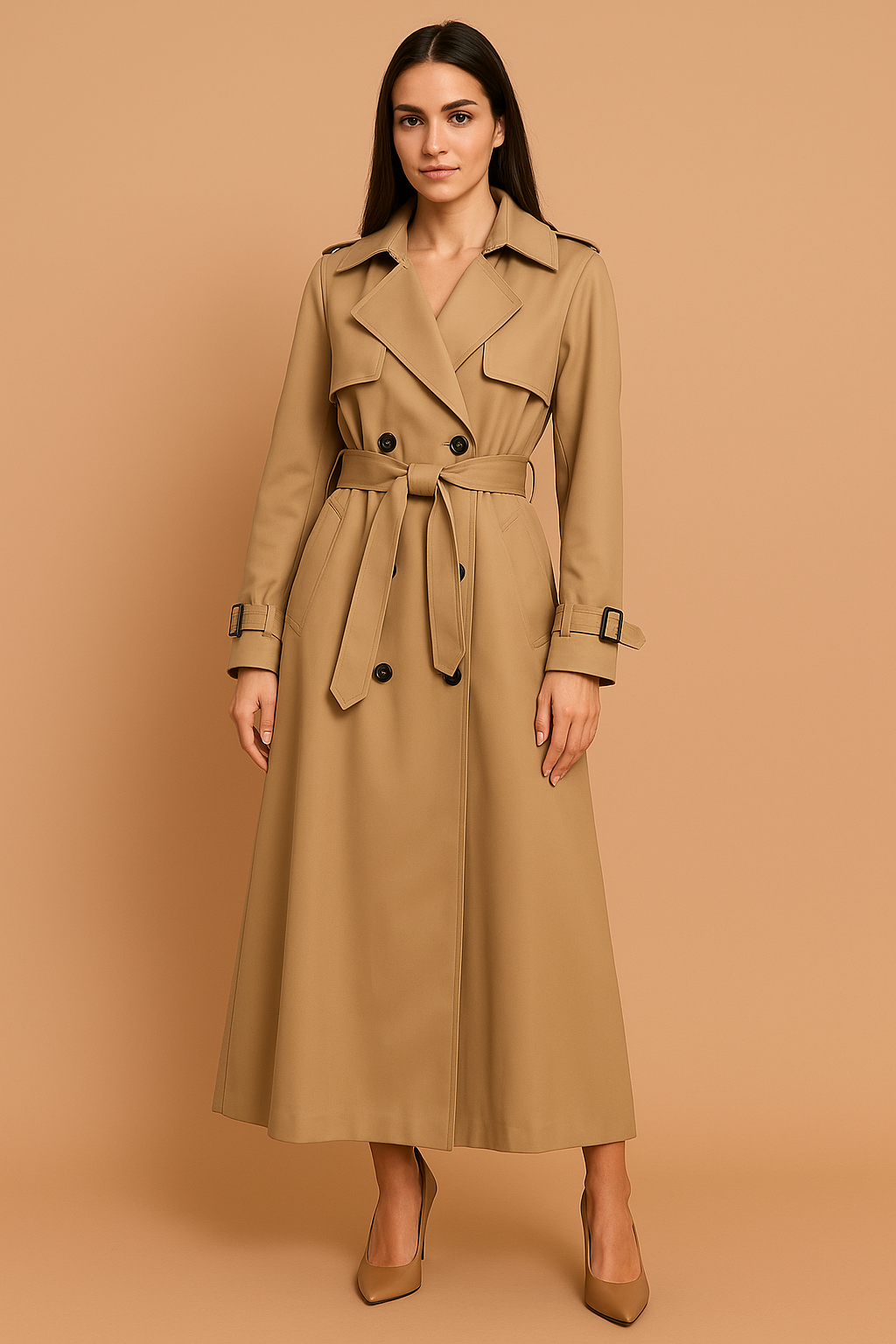 Long Double-Breasted Trench Coat with Belt