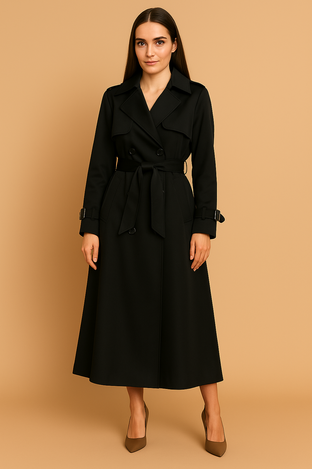 Long Double-Breasted Trench Coat with Belt